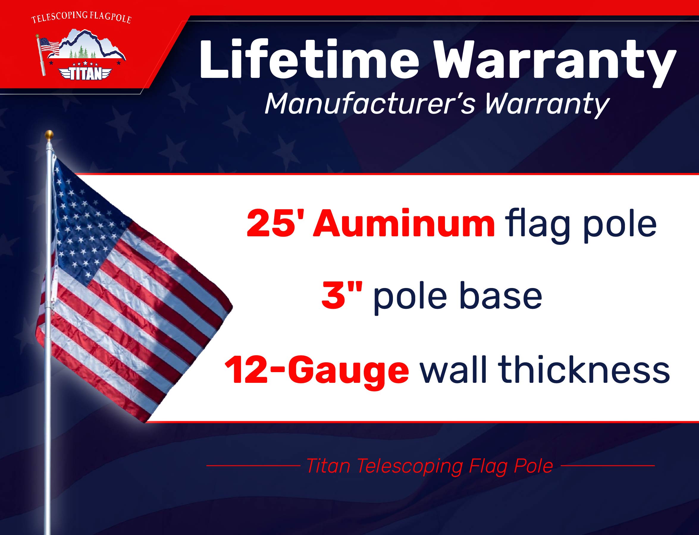 Titan Telescoping Flag Poles, 25ft Silver American Made Heavy Duty