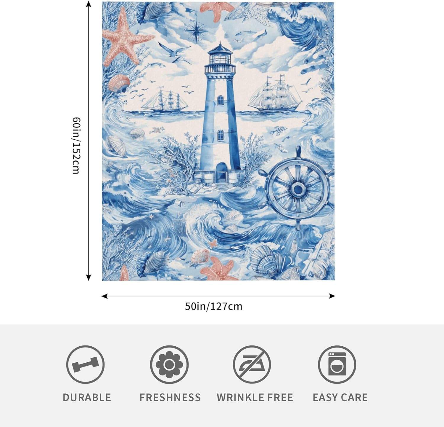 Nautical Navy Blue Ocean Beach Flannel Throw Blanket Soft Cozy Blanket for Living Room Couch Sofa Bed 50 x 60 Inches