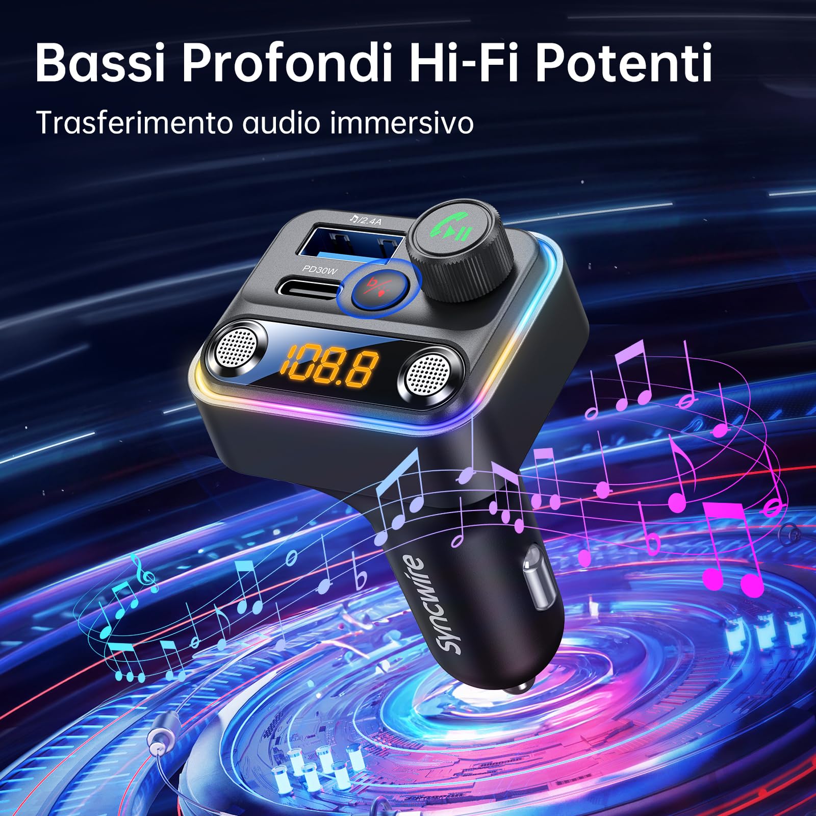 Syncwire Trasmettitore FM Bluetooth 5.4 Auto 42W [Interruttore Luminoso] [Microfoni Doppi Potenziati & Bassi HiFi] [Ricarica Veloce] Adattatore Musicale Wireless per FM Radio, Chiamata Mani Libere