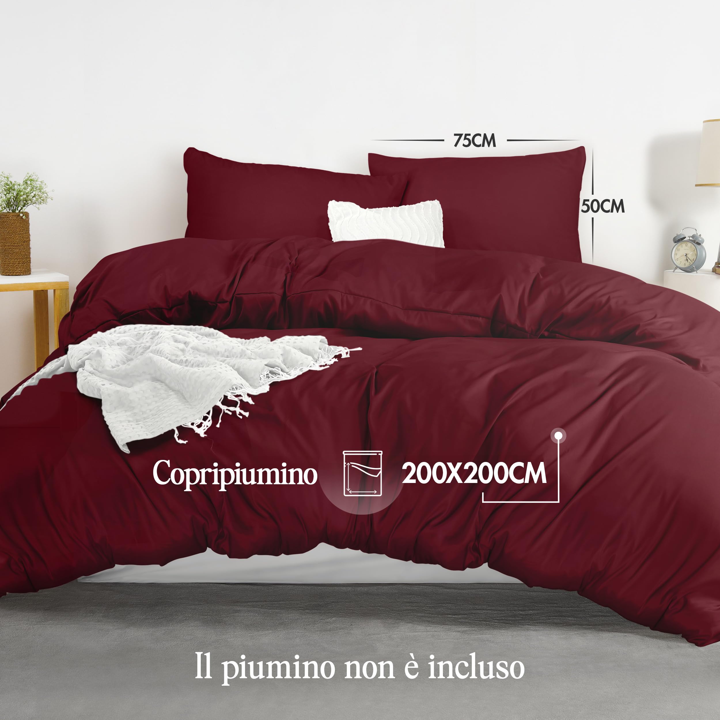 Utopia Bedding Copripiumino Una Piazza e Mezza - Microfibra Copripiumino 200x200cm + Federe 50x75cm - Bordeaux