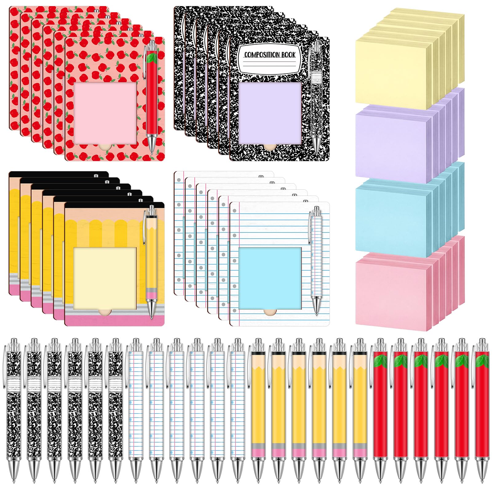 Eaasty 24 Set Back to School Stationery Gift, Black Gel Pen and Sticky Note Pad, Wooden Sticky Note Holder and Opp Bag, Teacher Appreciation Gift Bulk, School Supply and Office Accessory