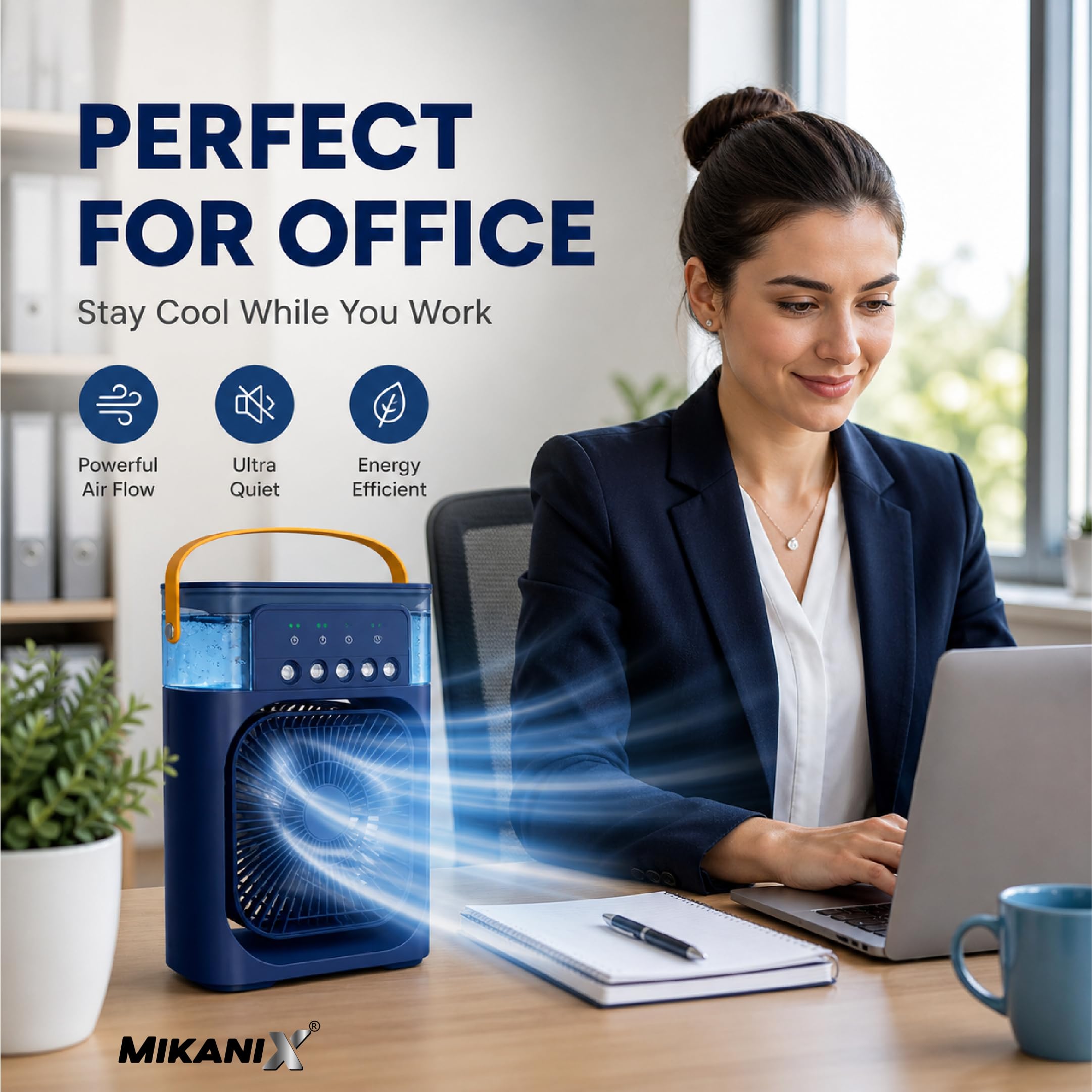 MIKANIX Mini Cooler Fan with Water Spray & LED Light | Portable Personal Air Conditioner with 1/2/3H Timer for Bedroom, Office & Kitchen (Blue) 1