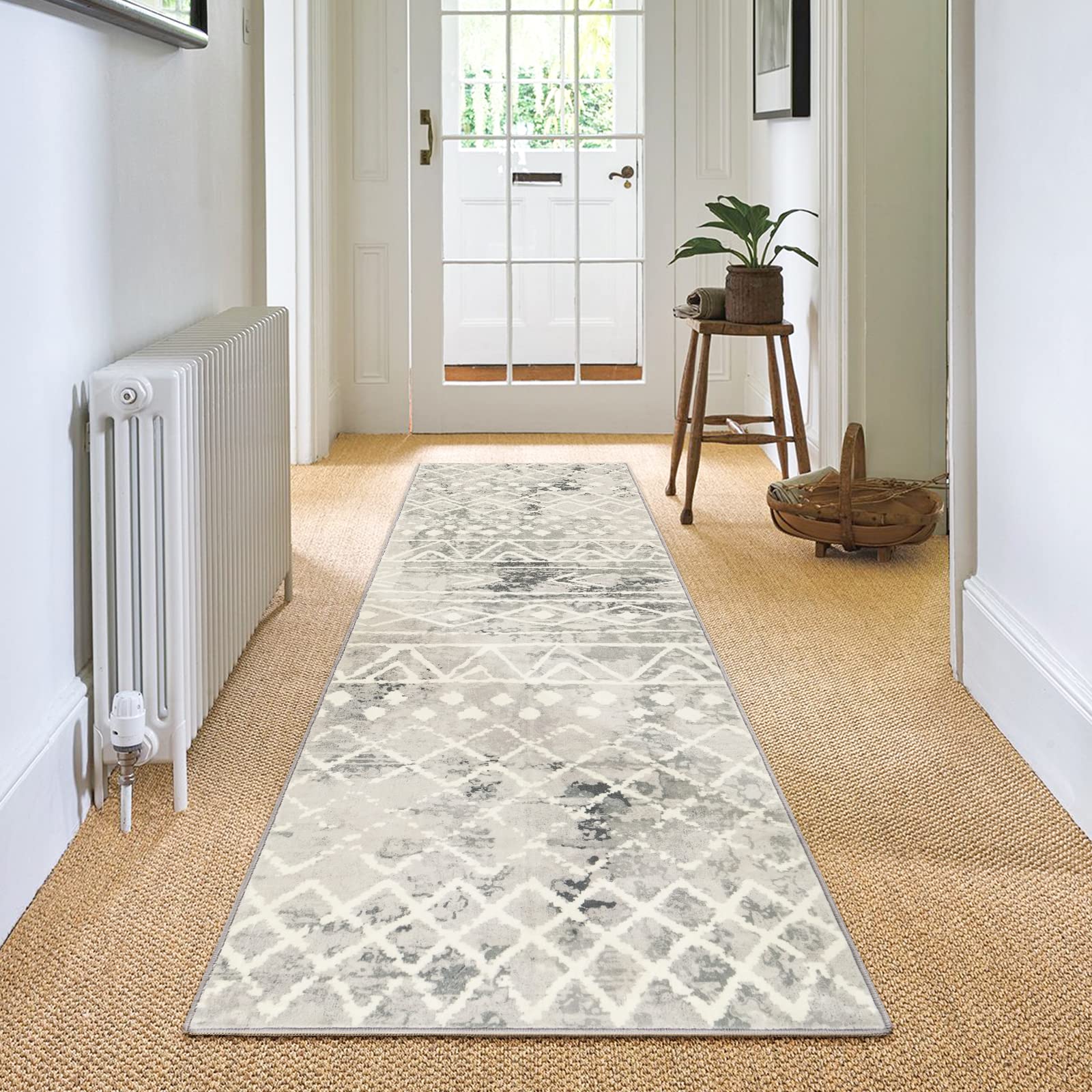 Carvapet Alfombras de Pasillo 60x240cm Alfombra Corredor Antideslizante Larga Alfombras de área Lavable Suave Microfibra Geométrico Tribal Alfombra Comedor Pasillo(Gris)