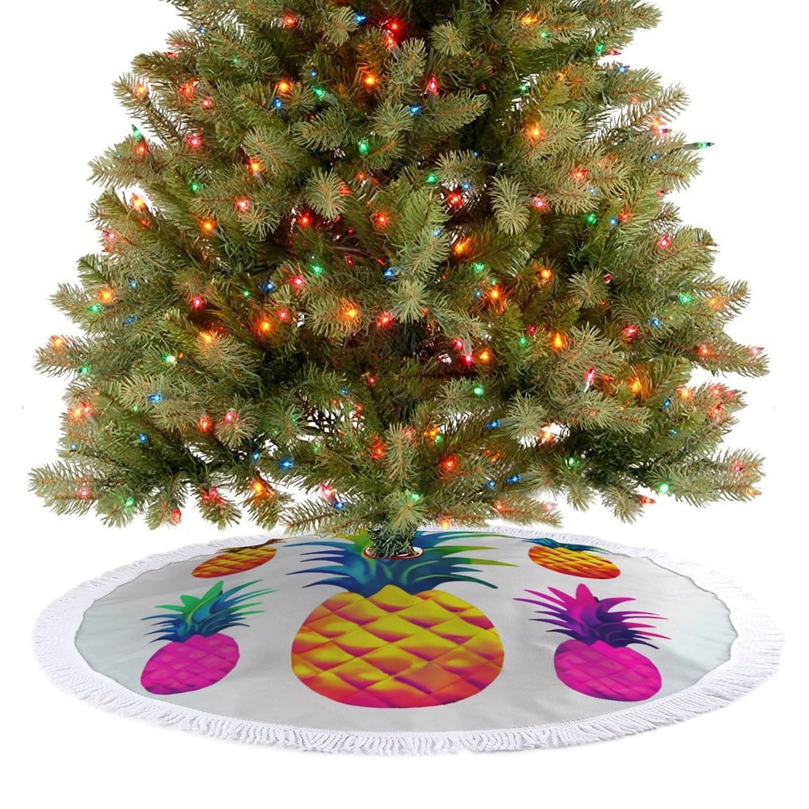 Colorful Pineapple Christmas Tree Skirt 30"x30" Rustic Xmas Tree Mat with Tassel Ornament Christmas Trees Cover Skirt Mat for Evergreen Trees Ornament Winter Holiday Mats Decorations
