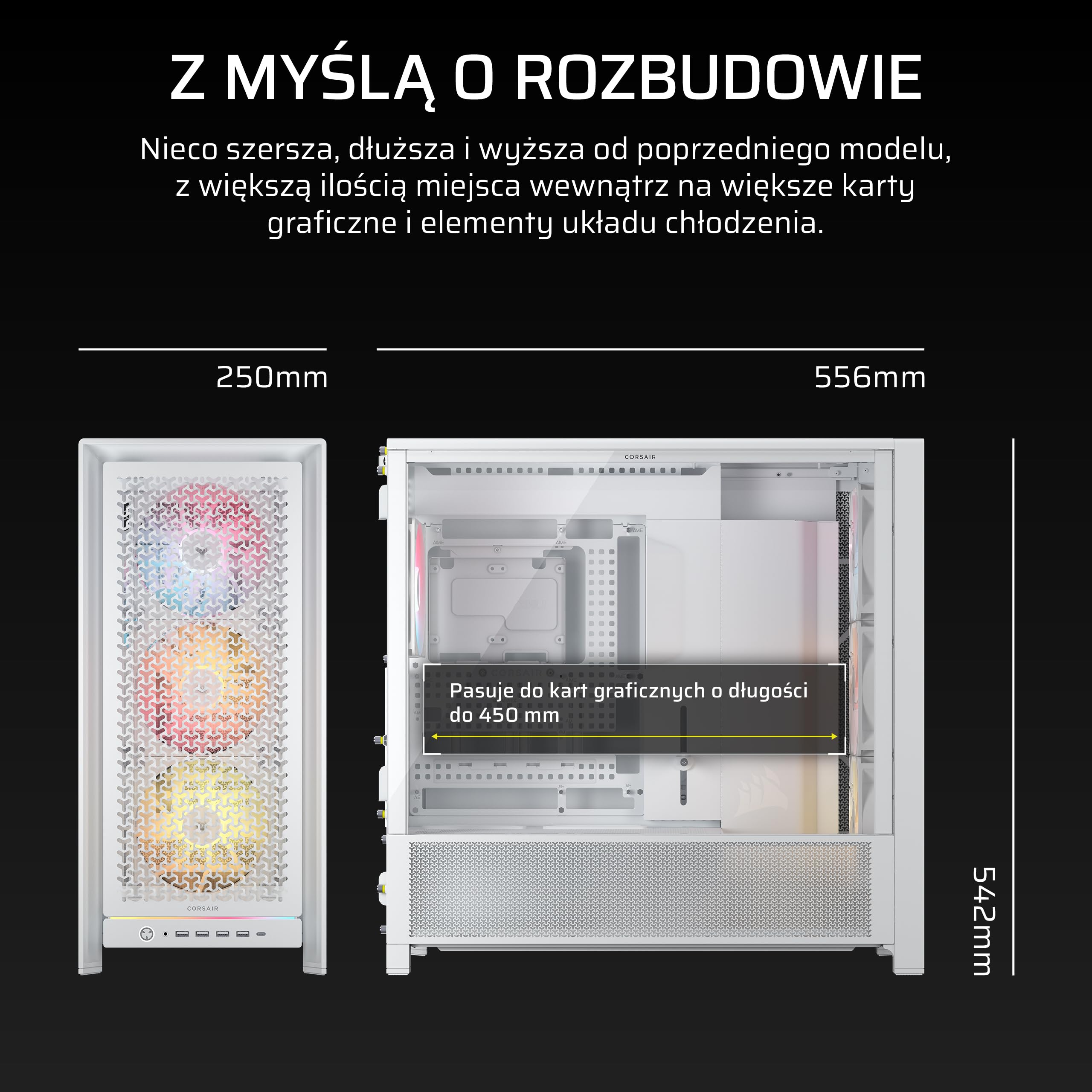 CORSAIR FRAME 5000D RS ARGBModular High Airflow Mid-Tower Obudowa Komputera — 4x Fabrycznie Zainstalowane Wentylatory RS ARGB, System Mocowania Wentylatorów InfiniRail™ — Biały