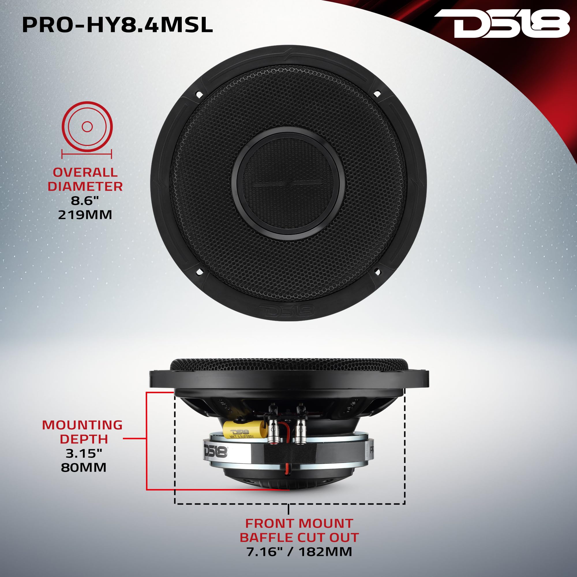 DS18 PRO-HY8.4MSL 20-calowy płytki hybrydowy głośnik samochodowy średniego zasięgu z wbudowanym sterownikiem i grillem w zestawie 400 W maks. 200 W RMS 4 omy (1 głośnik)