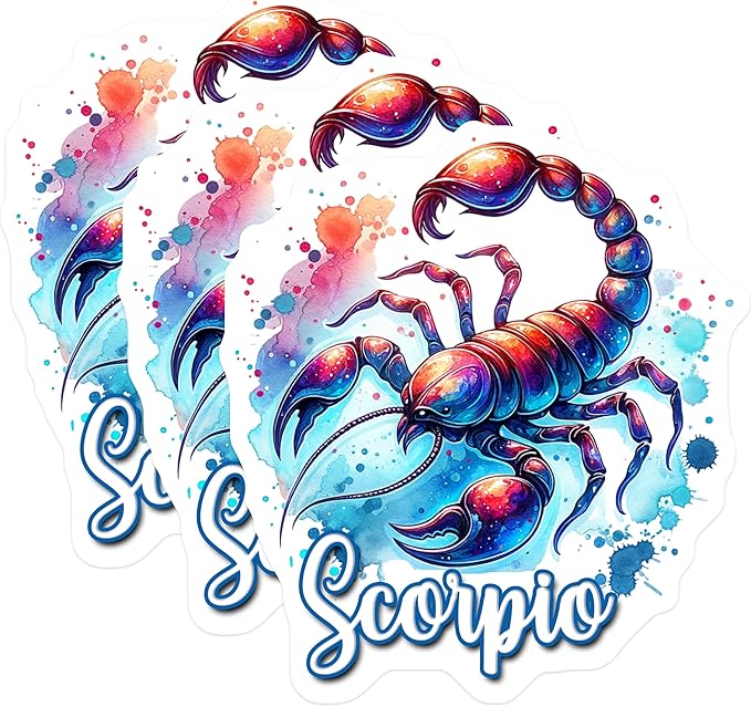 (3 Pack) Scorpio Zodiac Decals - Watercolor Astrology Sign - Laptop Decal- 3 Inches On Longest Side - Easy Peel & Apply - Made in USA - 3MCS5602