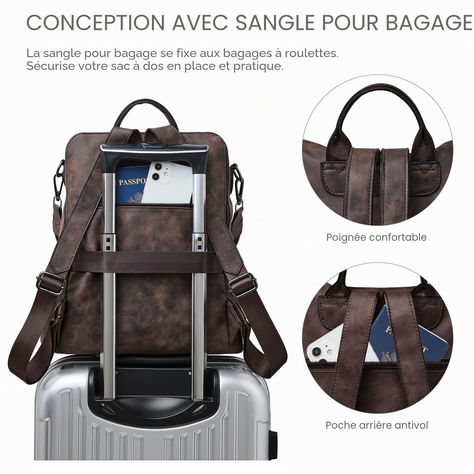 Shrrie Sac à Dos Femme, Sacs à Main Portés Dos en PU Cuir, Élégant Imperméable Sac à Dos Antivol Convertible avec Bandoulière Amovible pour Travail Voyage College Cadeau-Café nubuck