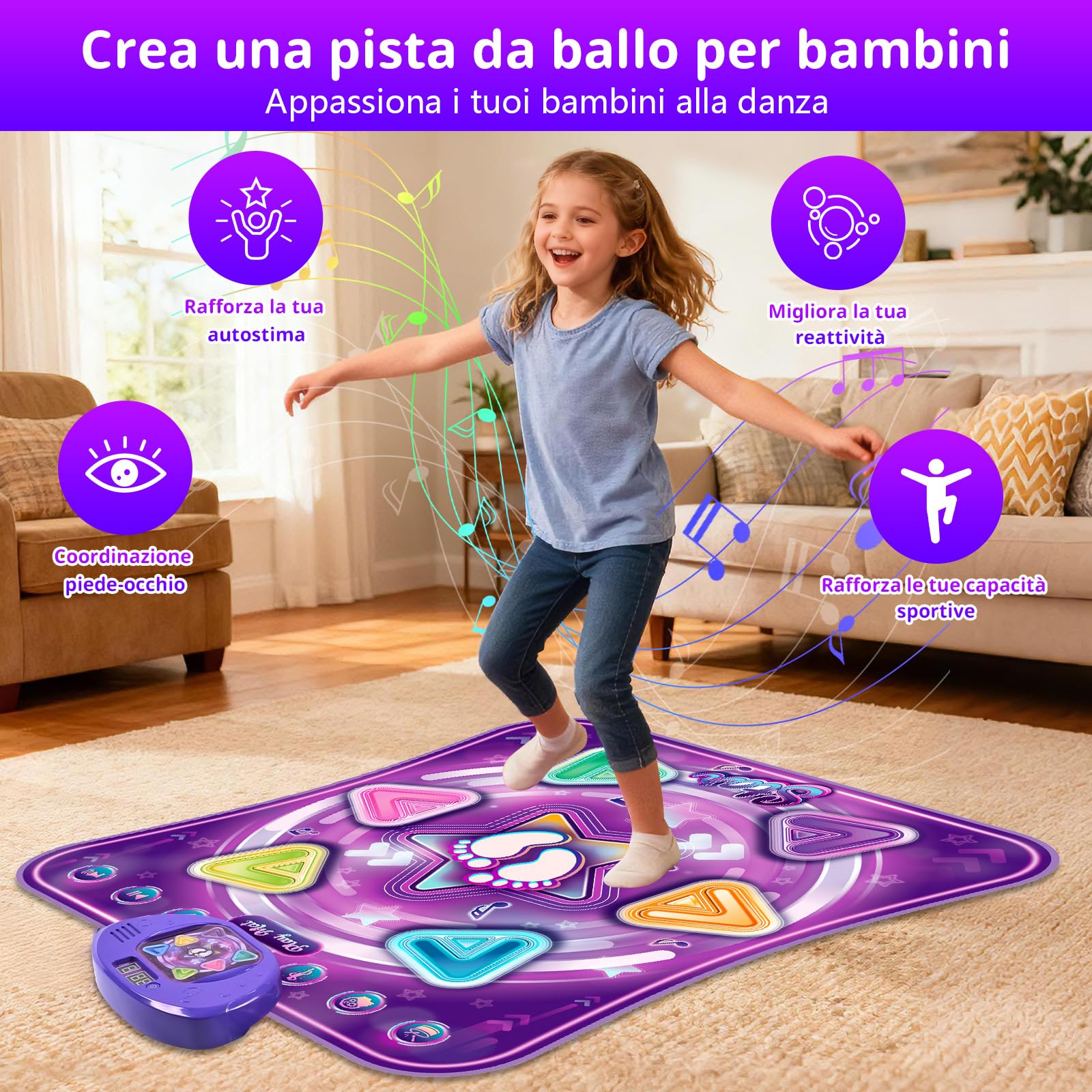 ZWOOS Tappeto Ballo Bambina Bluetooth con Luci e 5 modalità di Gioco, Tappetino da Ballo per Bambini 3 4 5 6 7 8 9 10 11 12+ Anni, Antiscivolo Giochi Bambina Bambino, Regalo Compleanno Natale