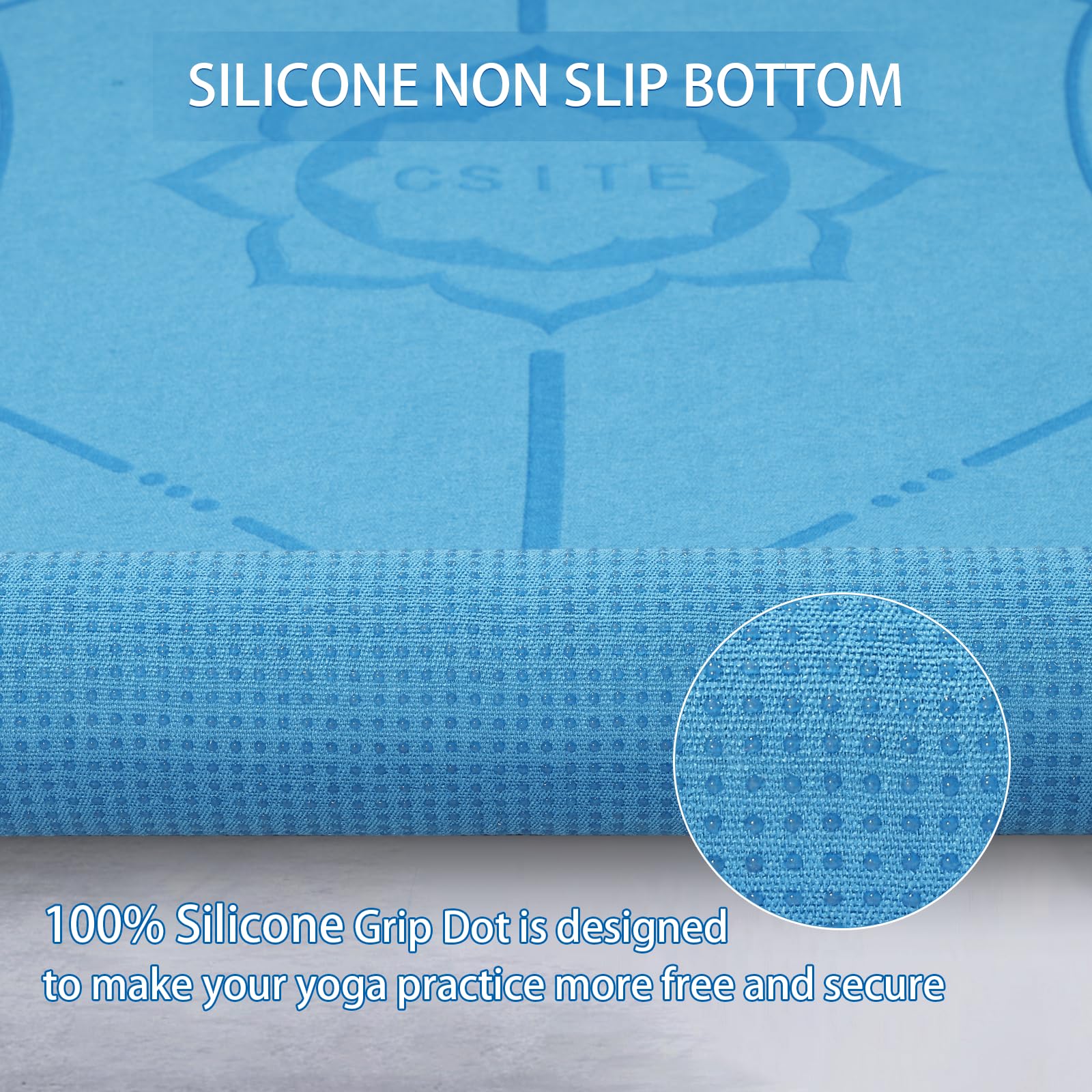 CSITE Toalla para esterilla de yoga con puntos de agarre de silicona y diseño rectangular, toalla antideslizante con línea de alineación + 1 toalla de mano, 72 x 24 pulgadas, azul oscuro