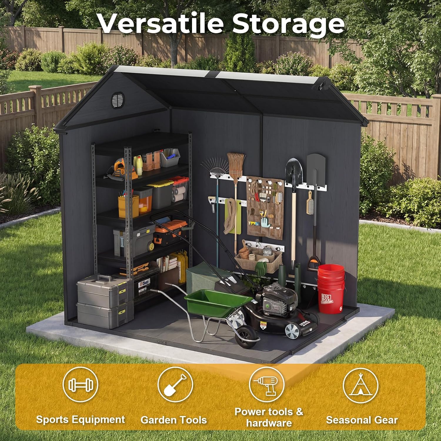 COWVIE 6.1 x 5.2 FT Outdoor Resin Storage Shed, Heavy-Duty Plastic Shed with Reinforced Floor, Windows & Mesh Vents, Lockable Door, Garden Shed for Backyard, Patio Storage