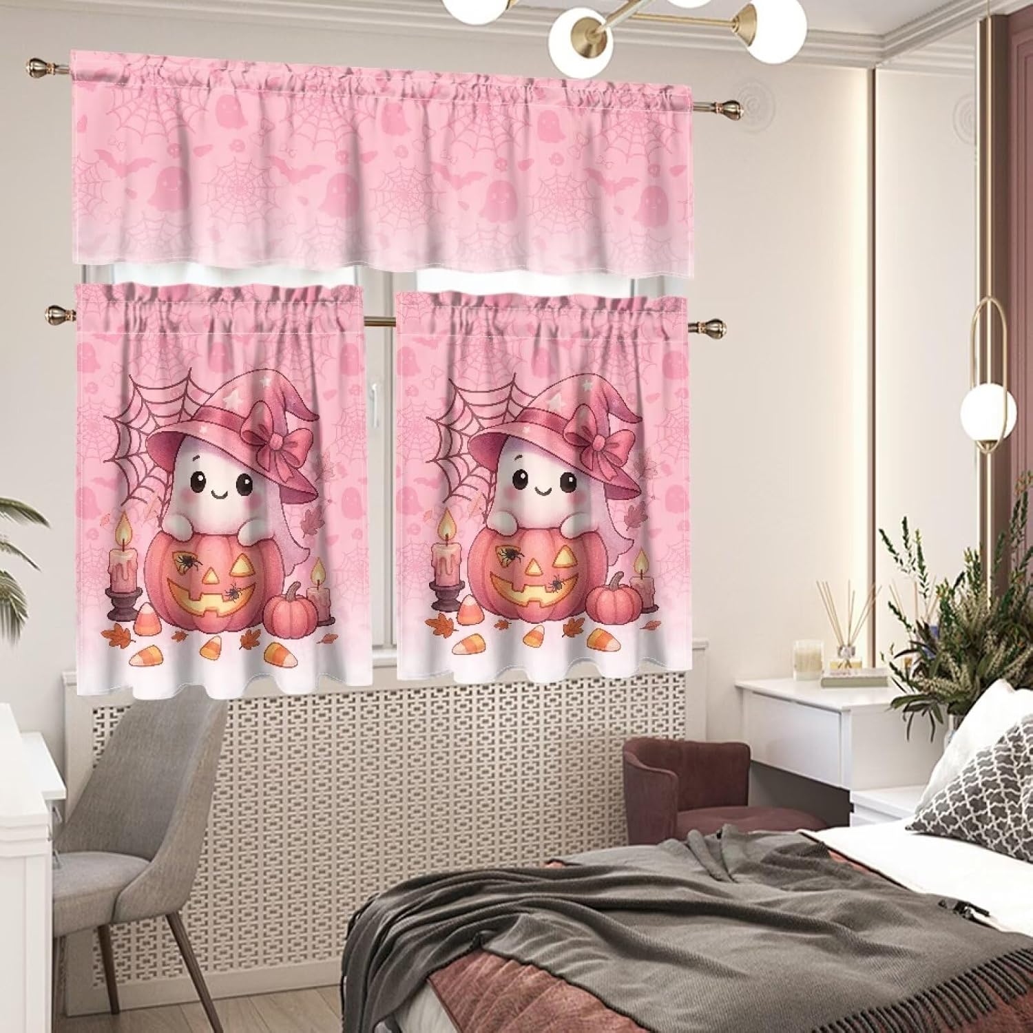 Cozeyat Halloween Kitchen Curtain Valance and Tiers Set of 3, Cute Ghost Pumpkin Pink Valance Tier Window Kitchen Curtain Sets, Rod Pocket Blackout Curtains, 54X18+28X36 Inch