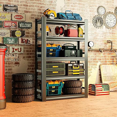 Miniatura 2 de Estantería de garaje y almacenamiento estantes de metal de fácil montaje, estante de 5 niveles, estante ajustable de alta resistencia, estantes de