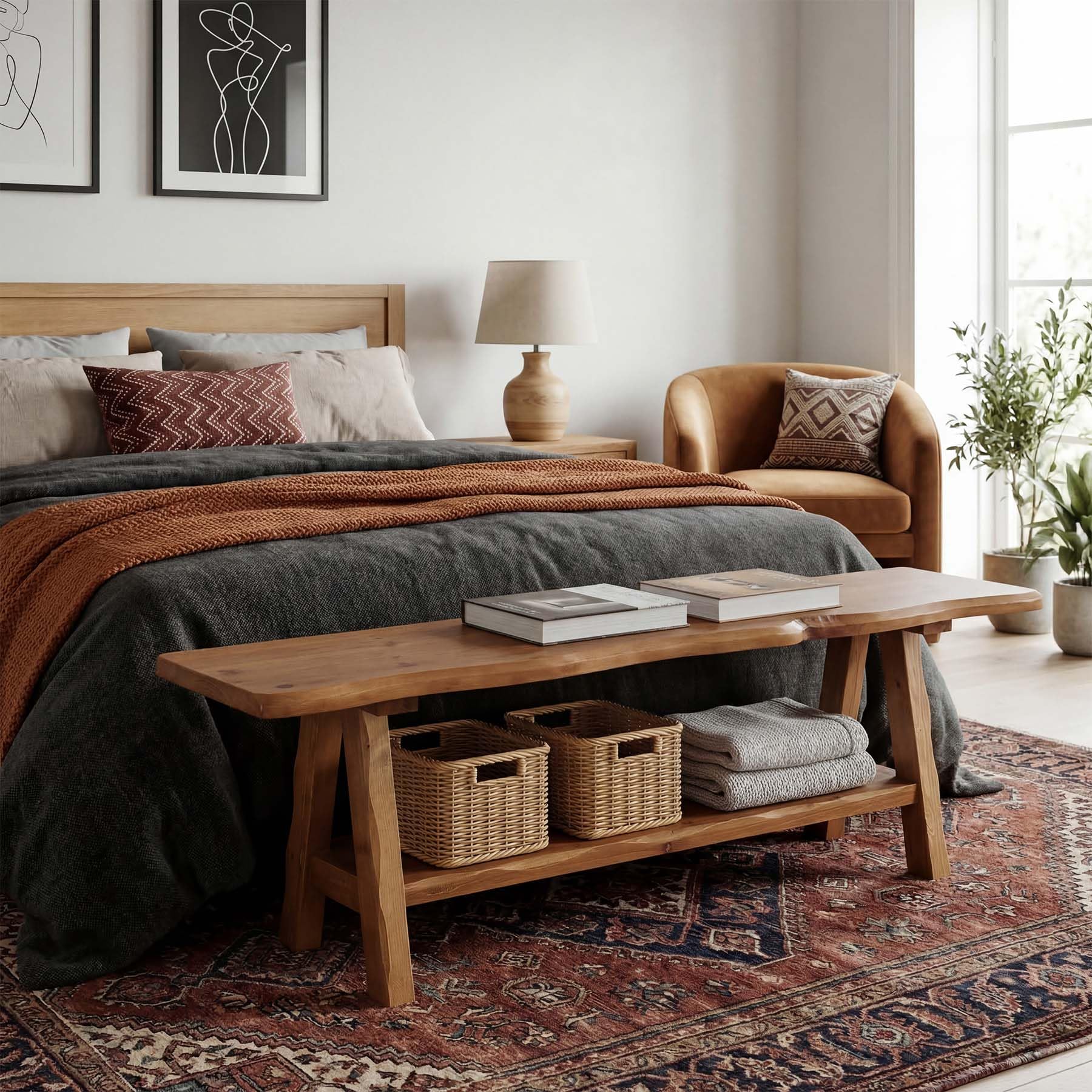 55-Inch Solid Wood Entryway Bench, Farmhouse Long End of Bed Bench with Live-Edge, Indoor Dining Seat for Entrance, Bedroom, Living Room, Dining Room, Easy Assembly, Brown
