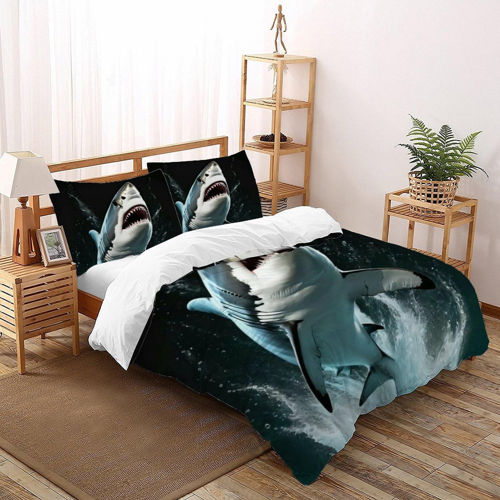 Housse de couette requin 200x200 anti-plis en microfibre respirante pour lit double enfant