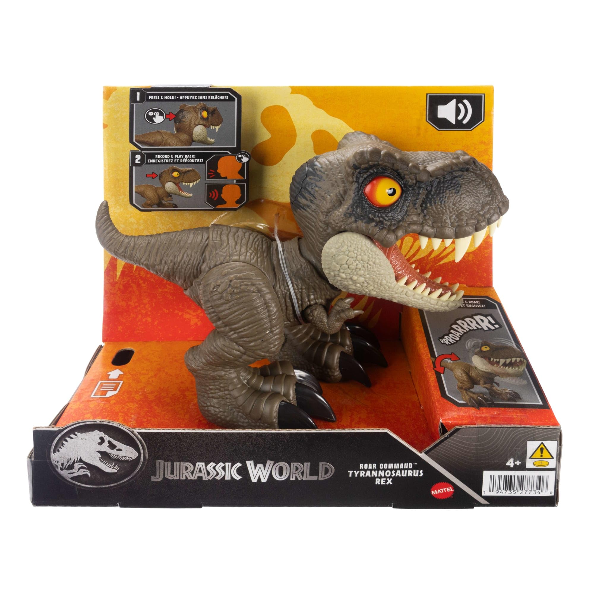 Mattel Jurassic World - T-Rex Roar Command, dinosauro parlante con attacco e ruggito attivabili dalla coda, registra la tua voce nella lingua dei dinosauri, giocattolo per bambini, 4+ anni, JCW01