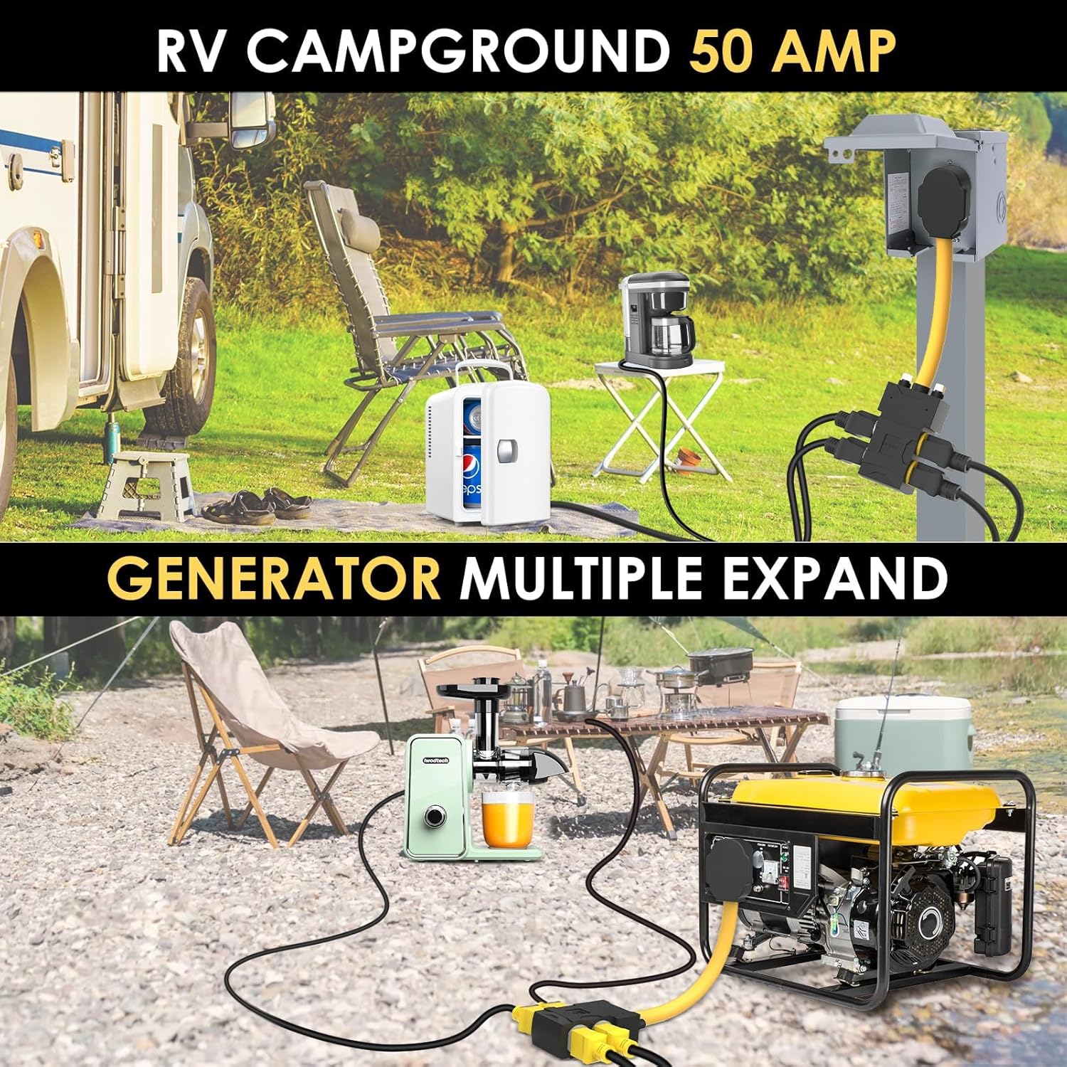 [240V to 120V] 50 Amp to 20 Amp 110 Adapter With Circuit Breaker RV Generator Cord Distribution NEMA 14-50 to 4X 5-15R/5-20R T-Blade Multiple Use ETL Listed 1.5 FT Household Outlet