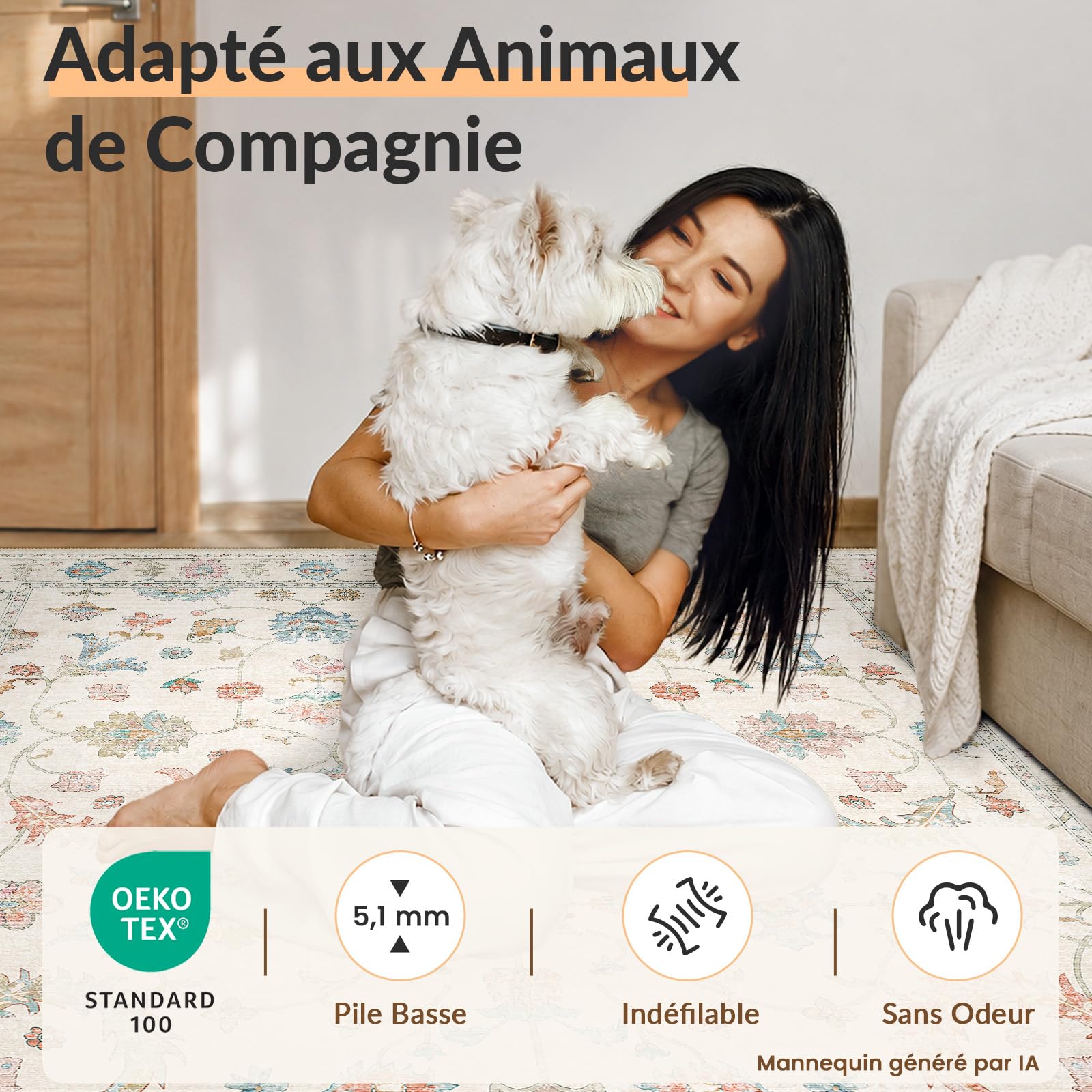 INOVADAY Tapis Lavable Antidérapant à Poils Courts Vintage Boho 140 x 200 cm pour Salon, Couloir, Chambre, Cuisine, Bureau, Salle à Manger et Entrée, Blanc crème