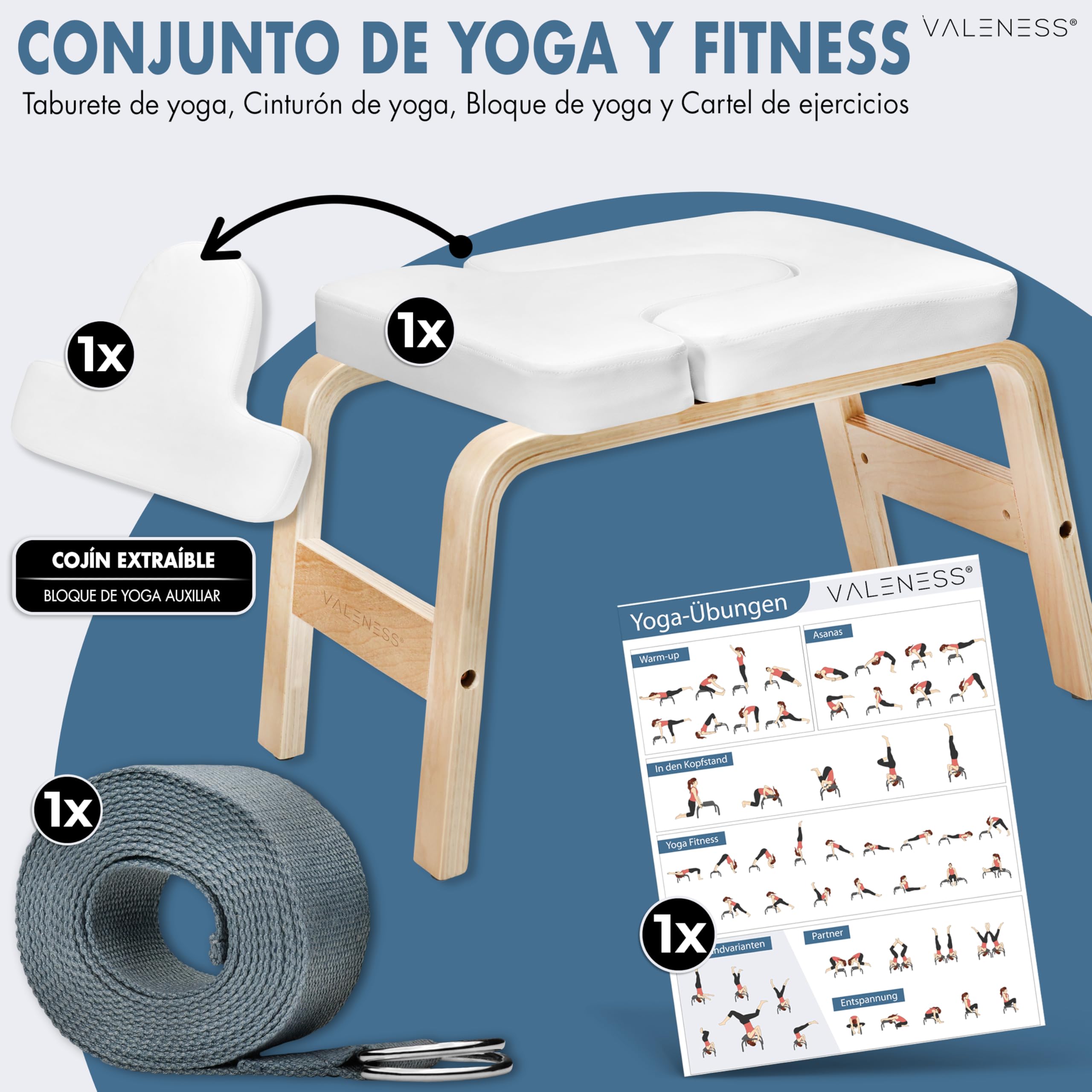 VALENESS® Taburete de Yoga para inversión en Madera con Correa y Bloque | De madera maciza, con correa de yoga, bloque y póster de ejercicios – para practicar inversiones de yoga en casa.
