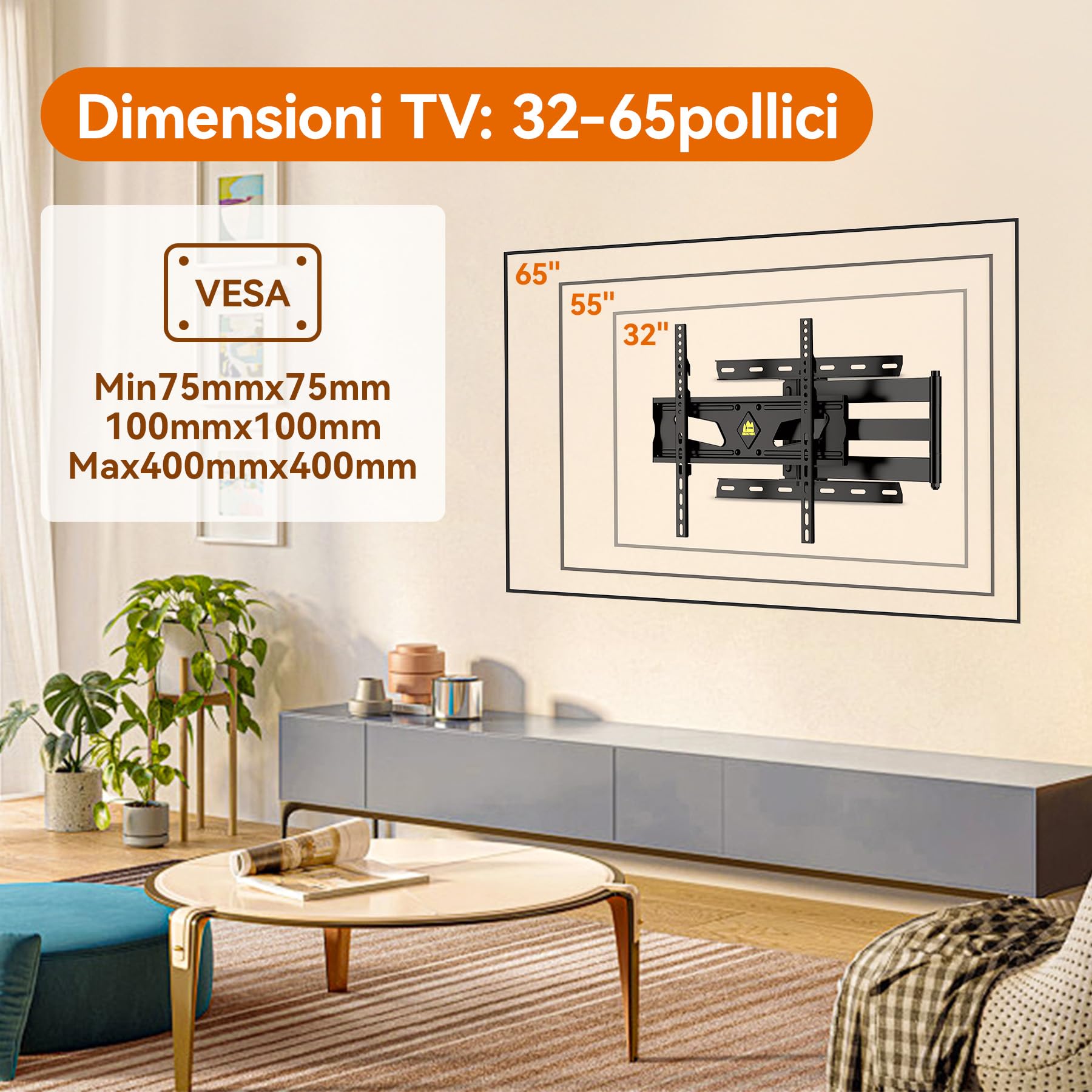 Supporto da parete per TV orientabile a 90 gradi, per TV da 32-65", 910 mm, braccio extra lungo da parete, allungabile, supporto da parete per 45 kg, max. VESA 400 x 400 mm