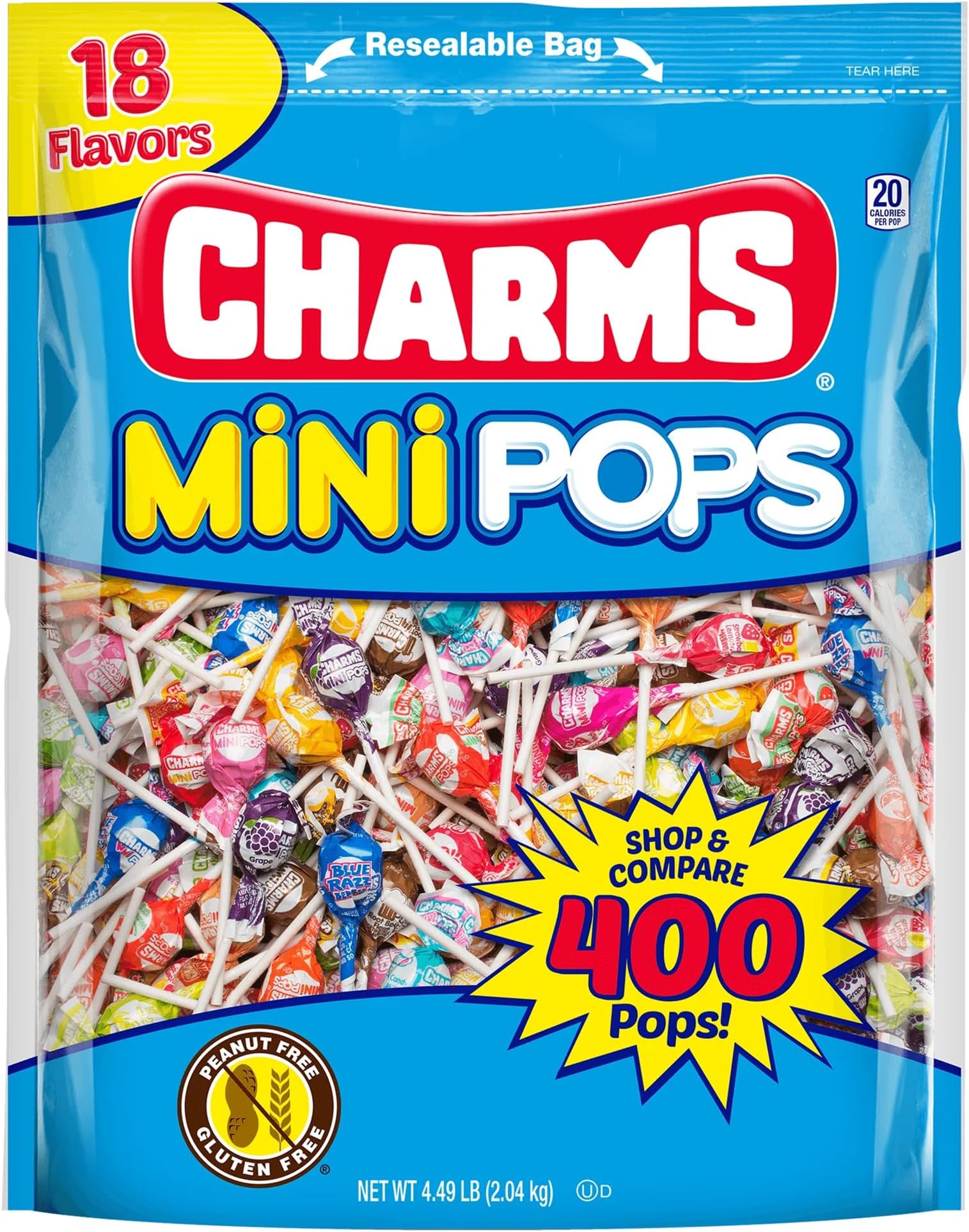 Charms Mini Pops - 4.5 lb Bag of Individually Wrapped Fruity Hard Candy Lollipops in 18 Fun Flavors - Peanut and Gluten Free, 400 Count