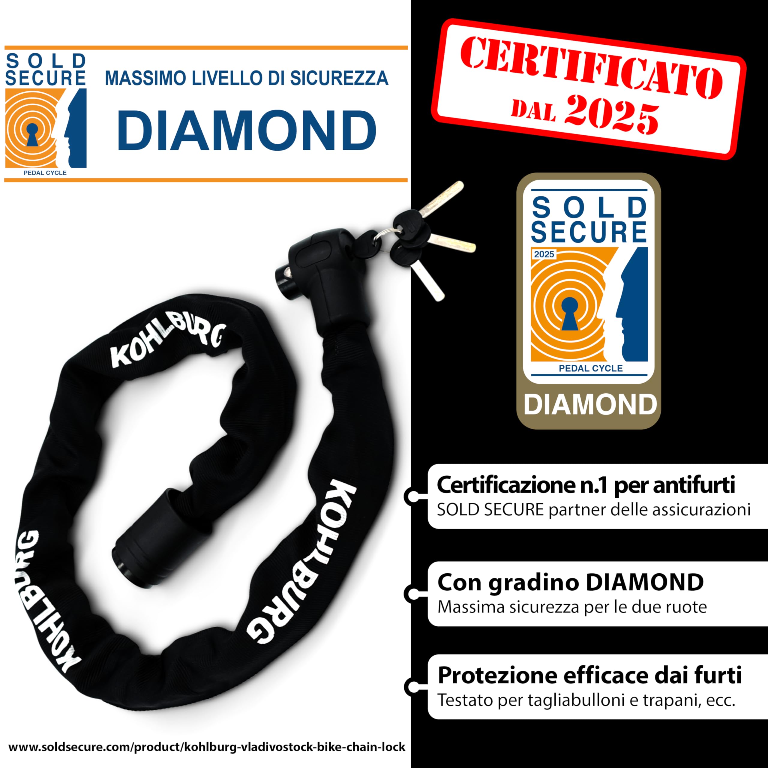 KOHLBURG Antifurto a catena ultraresistente 125 cm [Resiste ai tagliabulloni] – Livello di sicurezza massimo 15 – Per moto, scooter, bici elettrica & bicicletta – Antifurto ad alta sicurezza