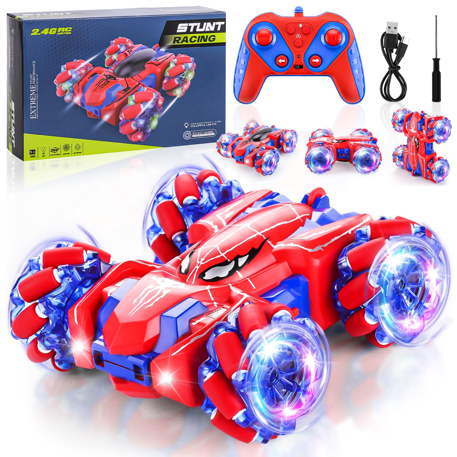 Spider Remote Control Cars, RC Stunt Car with LED Lights, Double Side Upright 360° Flips Stunt Car, 4WD 2.4GHz Remote Control Car Toys, Outdoor Garden Toys, Birthday Gifts for 3-12 Year Old Boys Girls