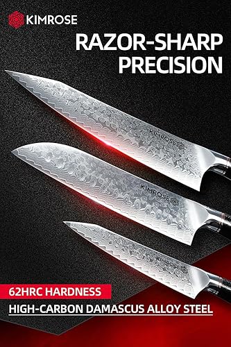 Miniatura 2 de KIMROSE Juego de cuchillos de Damasco - 3 piezas - Acero de aleación de alto carbono 10Cr15CoMoV - Cuchillo de chef profesional - Mango G10 -