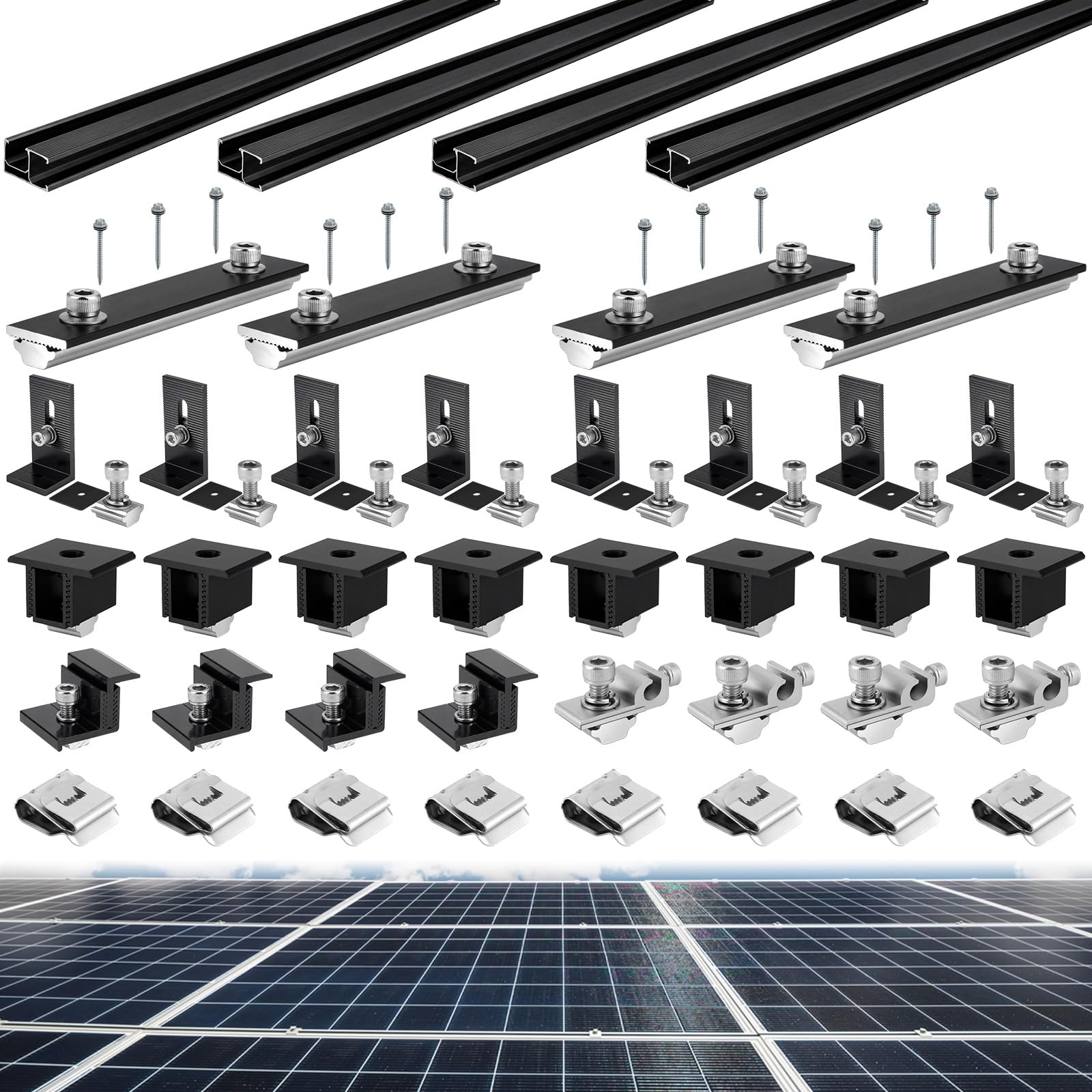 Photo 1 of Tandefio Solar Panel Mounting Kit for 4-5 Solar Panels, Panel Kit for Shingle Roof, Adjustable with Clamps, L Shape Brackets, 88 Inch Rails(Black)