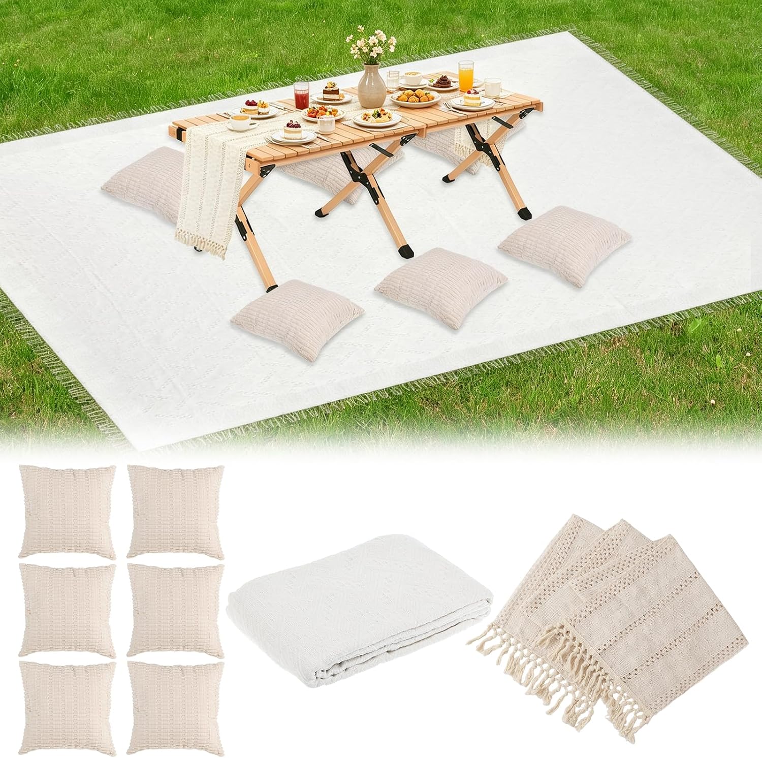 8 Pcs Outdoor Rug Boho Picnic Set, white Picnic Blanket, Beige White Table Runner, 6 Throw Pillow Covers, Woven Cotton Washable for Picnic, Camp, Wedding, Party Decoration, Home Garden, Theme Supplies