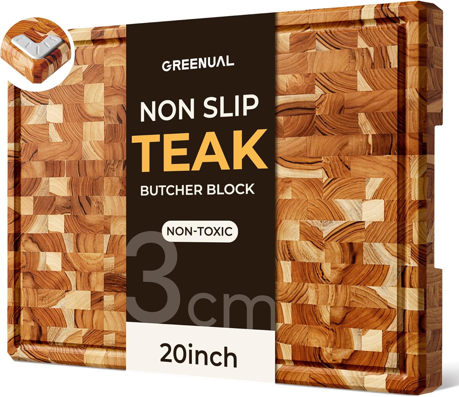 Teak Wood Cutting Boards for Kitchen,Extra Large Butcher Block End Grain Wooden Cutting Board with Juice Groove & Handle Heavy Duty Chopping Charcuterie Board Non Toxic Slip Serving Knife Friendly 20"