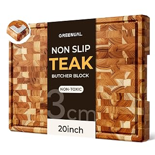Teak Wood Cutting Boards for Kitchen,Extra Large Butcher Block End Grain Wooden Cutting Board with Juice Groove & Handle Heavy Duty Chopping Charcuterie Board Non Toxic Slip Serving Knife Friendly 20" - Amazon product rated Grade A