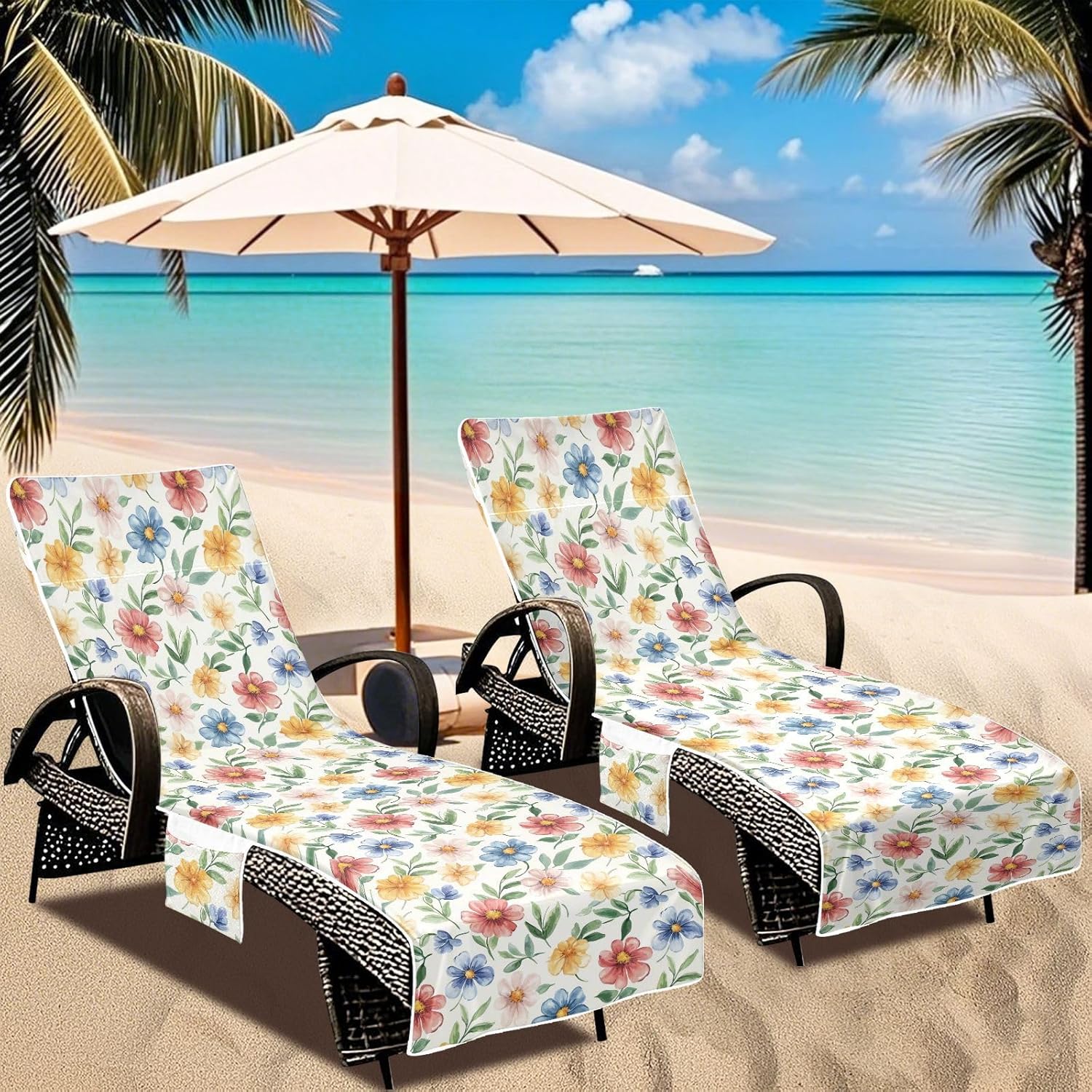 Lounge Chair Towel Cover Summer Beach Chair Lounge Cover with Pockets, Watercolor Flowers Portable Soft Absorbent Outdoor Chaise Towel Covers for Pool Patio Garden Sunbathing, 85'' x 30''