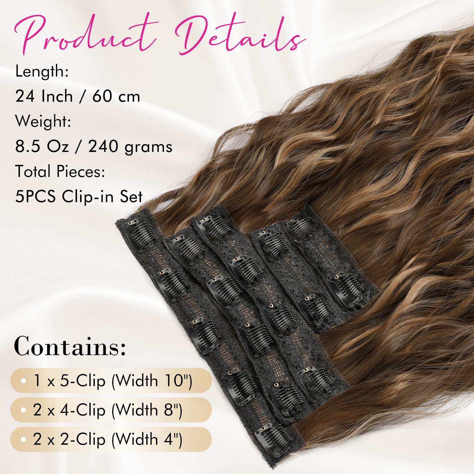 Clip in Hair Extensions, REECHO 5PCS Hair Extensions 24" Thick Long Loose Waves hair extensions Invisible Lace Weft Natural Soft Hairpieces for Women â€“ Chocolate Brown with Blonde Highlights