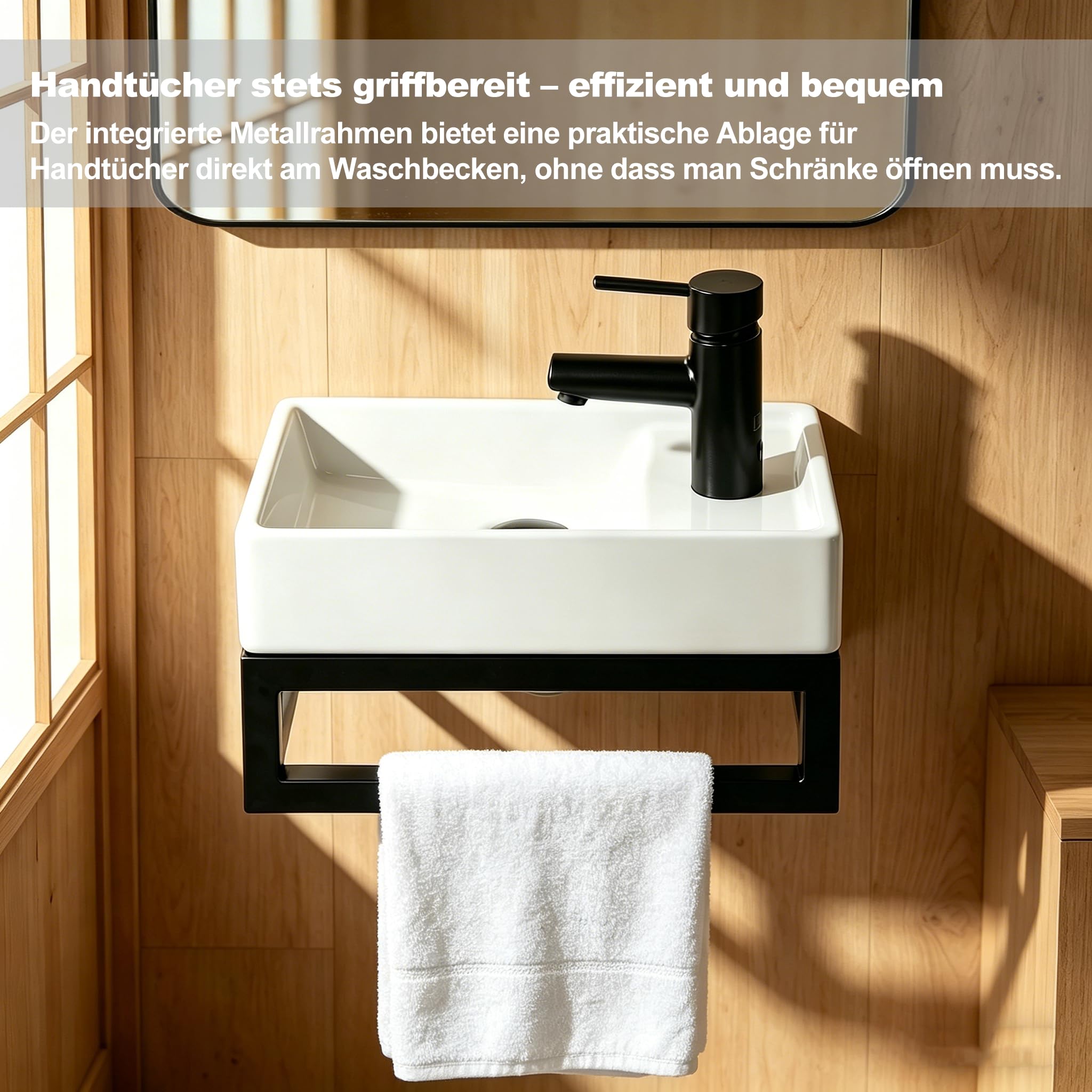 NUESTRA VIDA Hängendes Mini-Waschbecken aus weißer Keramik mit schwarzem Matt-Metallgestell – 40x22x24 cm, eckig, mit Überlaufloch – Ideal für Gäste-WC – ohne Armatur und Pop-up-Abfluss