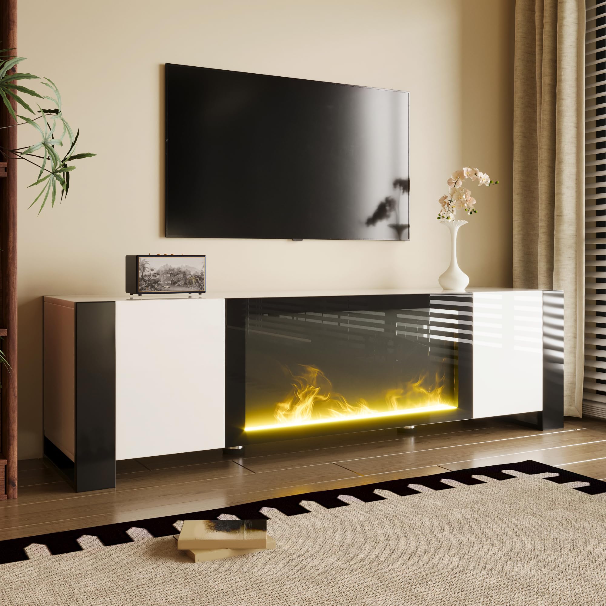 Homgoday Soporte para TV con Chimenea Eléctrica Decorativa, Mueble para TV de 2 Puertas con Estantes, Diseño Moderno Blanco de Alto Brillo con Patas Negras, para Salón y Entretenimiento