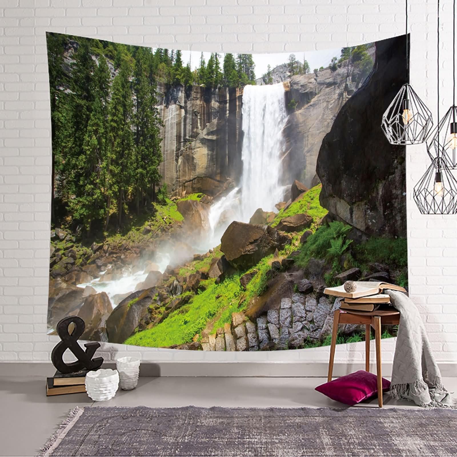 Homxi Tapiz para Sofá 200 W x 200 H CM, Cascada y Árboles, Tapices de Sofá Poliéster, Gris Verde