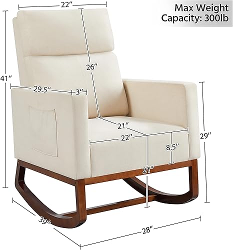 Miniatura 12 de Topeakmart Mecedora tapizada para guardería, moderna con patas de madera, bolsillo lateral, sillón mecedor para guardería, sala de estar,