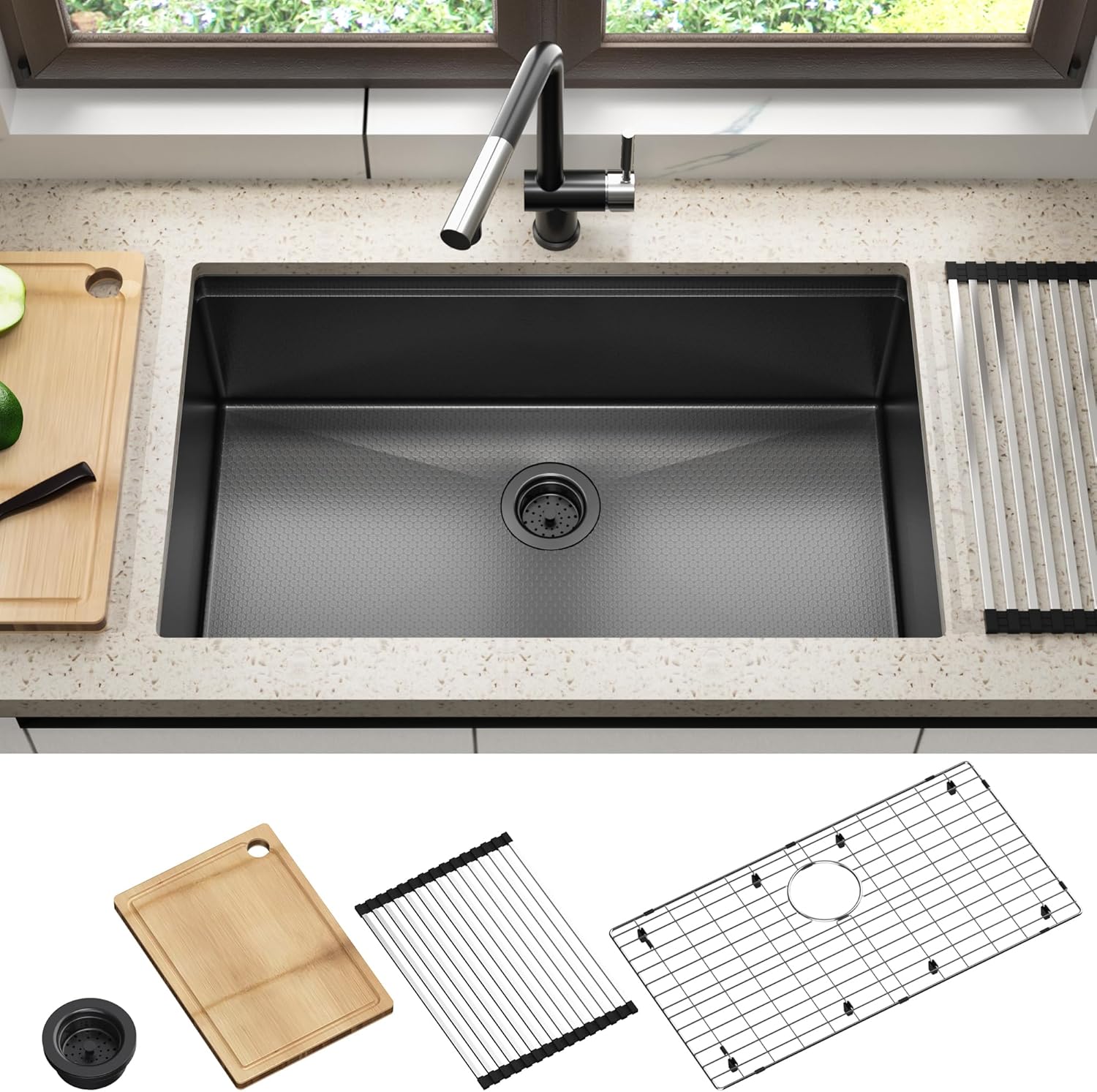 TORVA 32 Inch Undermount Workstation Kitchen Sink - 16 Gauge Stainless Steel, Honeycomb Pattern PVD Gunmetal Finish, Single Bowl with Cutting Boards and Racks - Dark Gray
