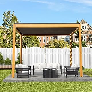 Domi Louvered Pergola 10x10FT, Outdoor Wood Grain Pergola Aluminum Frame with Adjustable Rainproof Metal Roof, Permanent Sun Shade with Drainage System for Deck Garden Yard