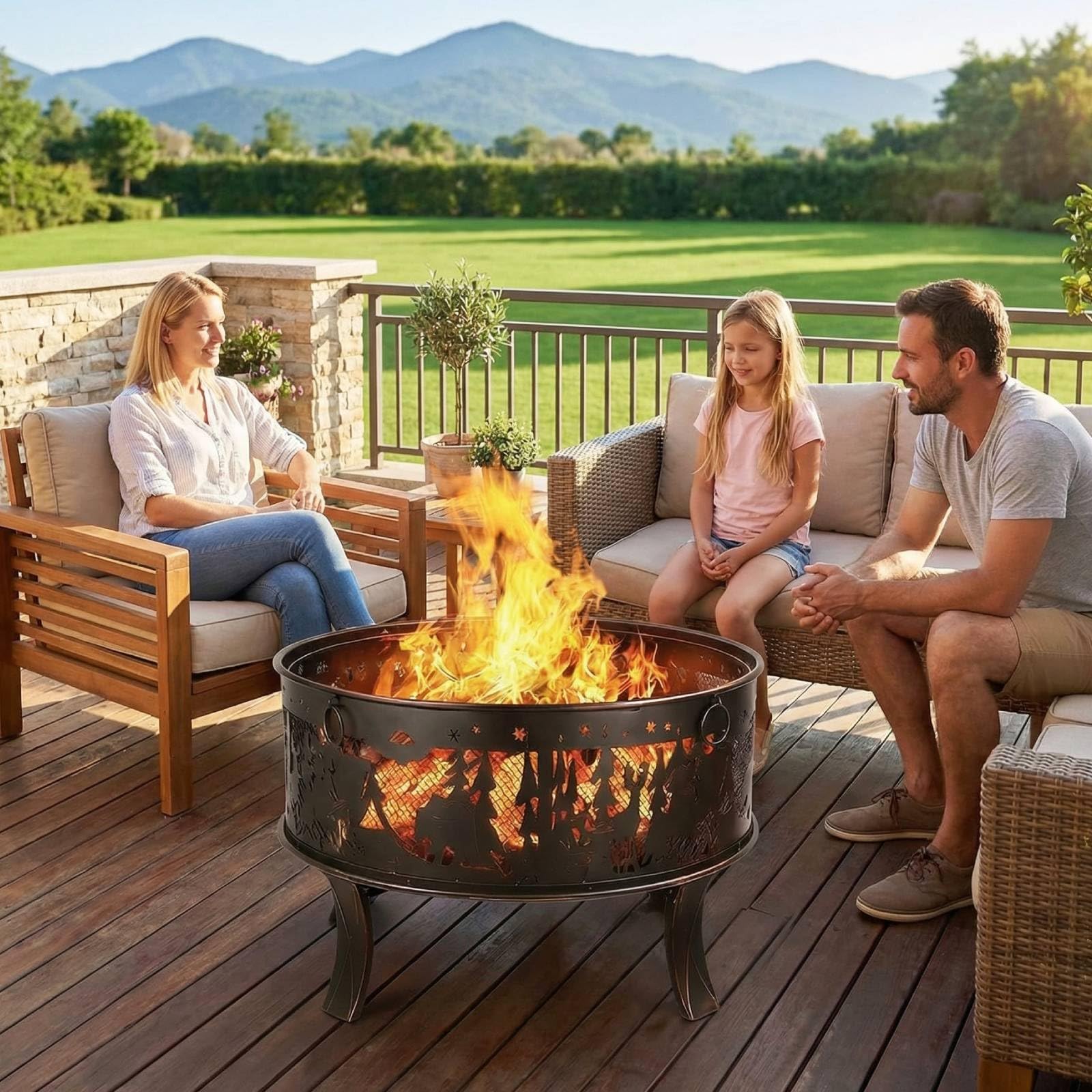 TLGREEN Braciere da giardino, braciere da Esterno con parascintille, stabile, fire pit 71 x 65 cm, con griglia per poker, 4 PCS piede, campeggio, spiaggia, tetto, look retrò, squisito motivo alce