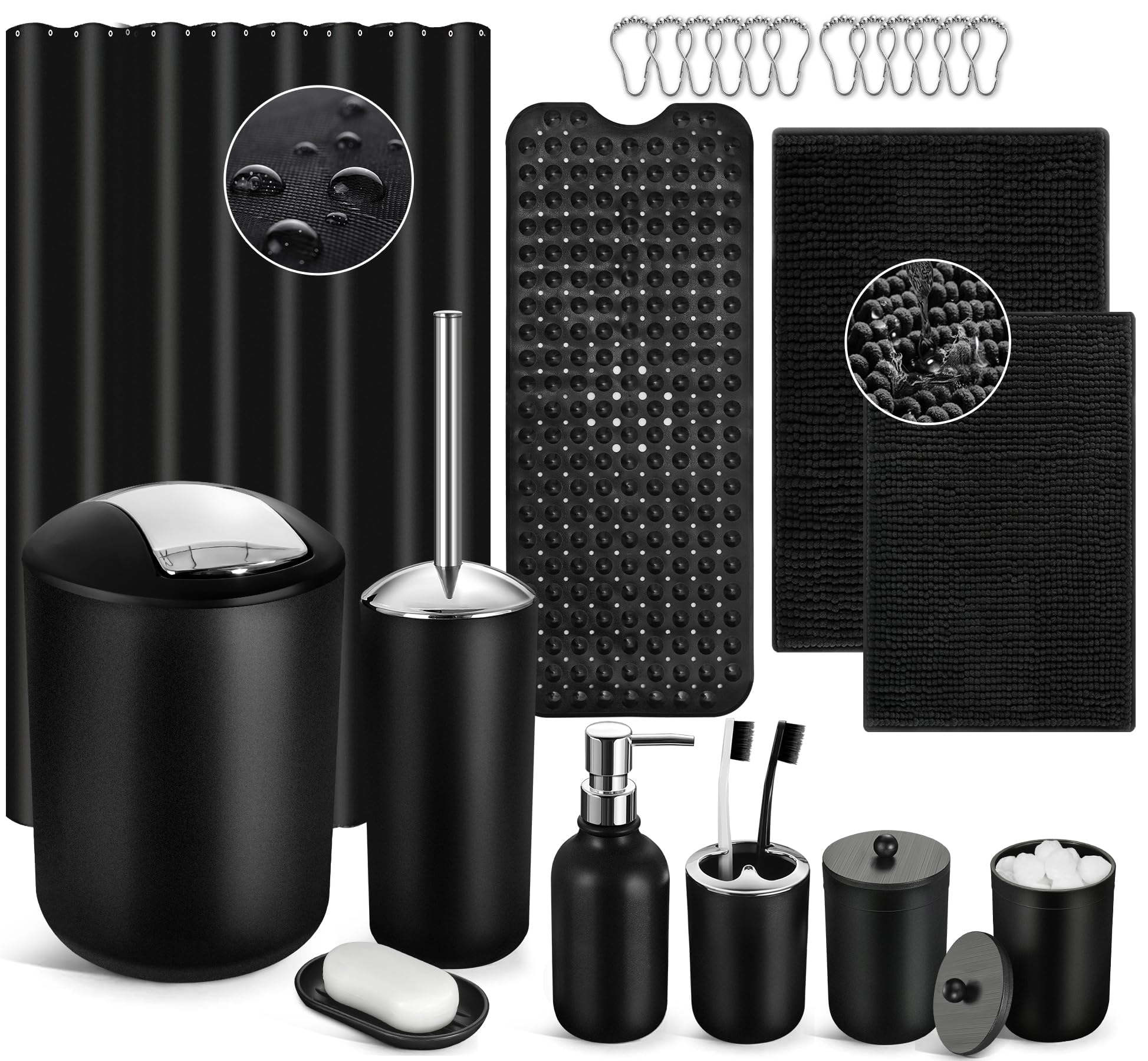 Juego de accesorios de baño negro, 23 piezas de accesorios de baño completo con alfombrilla de bañera, juego de cortina de ducha con ganchos, dispensador de jabón, soporte para cepillos de