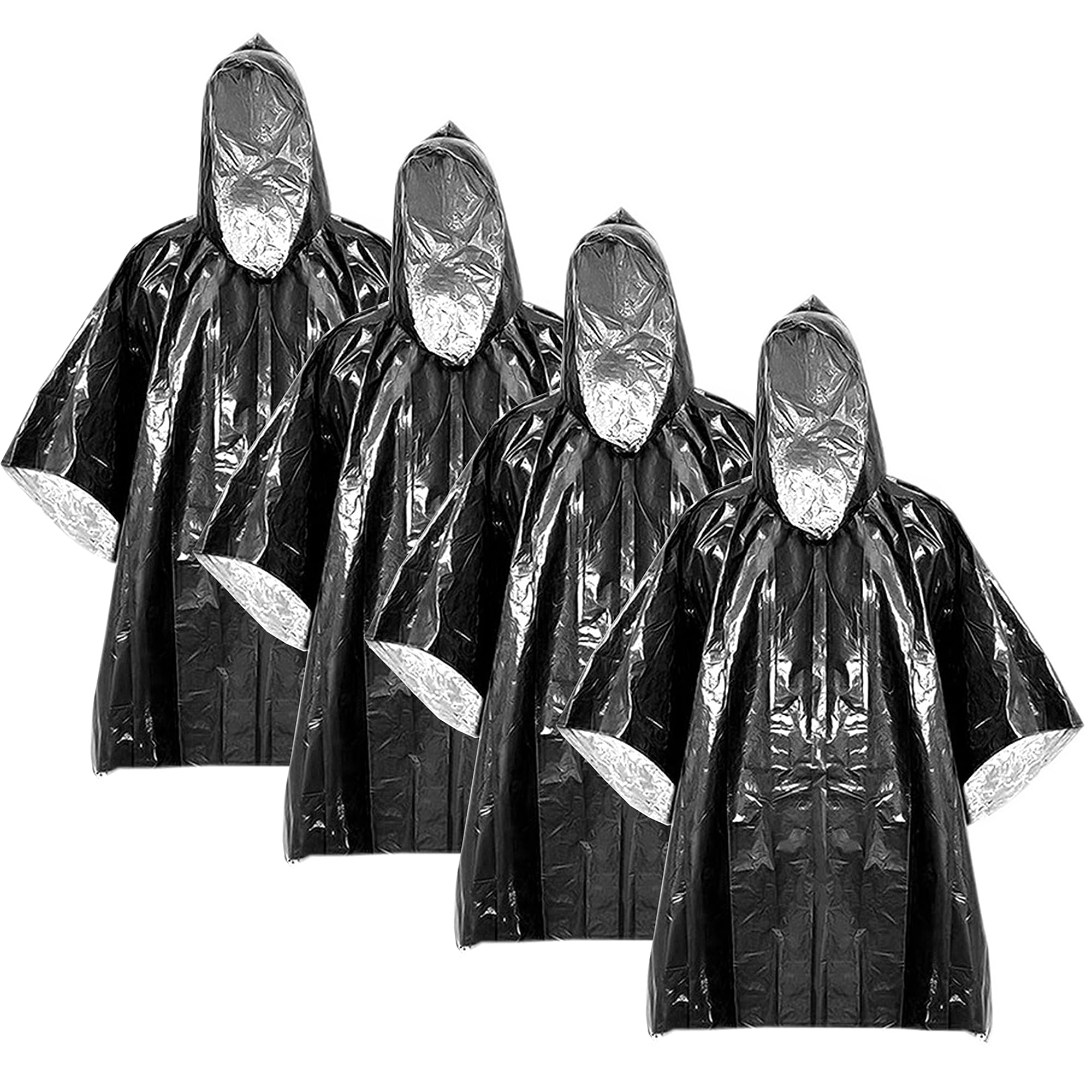 SQAQS 4Pcs Emergency Survival Poncho, Emergency Foil Blanket, 100*130cm, Thermal Emergency Raincoat Poncho, for Outdoor, Mountain Climbing, Cycling, Hiking, First Aid, Rainy Days (Black)