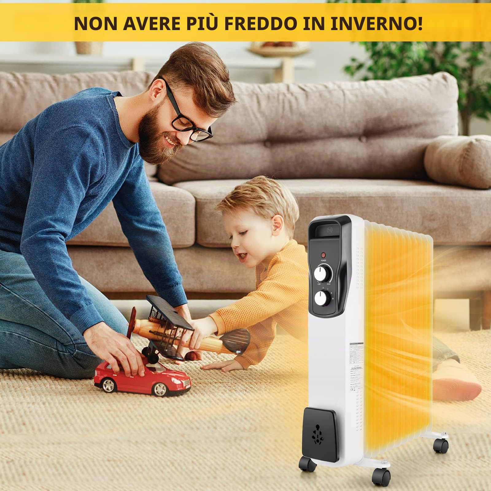 Nictemaw Radiatore ad olio, 2500 W, a risparmio energetico, radiatore a olio, radiatore con termostato variabile e 3 livelli di riscaldamento, regolazione continua della temperatura