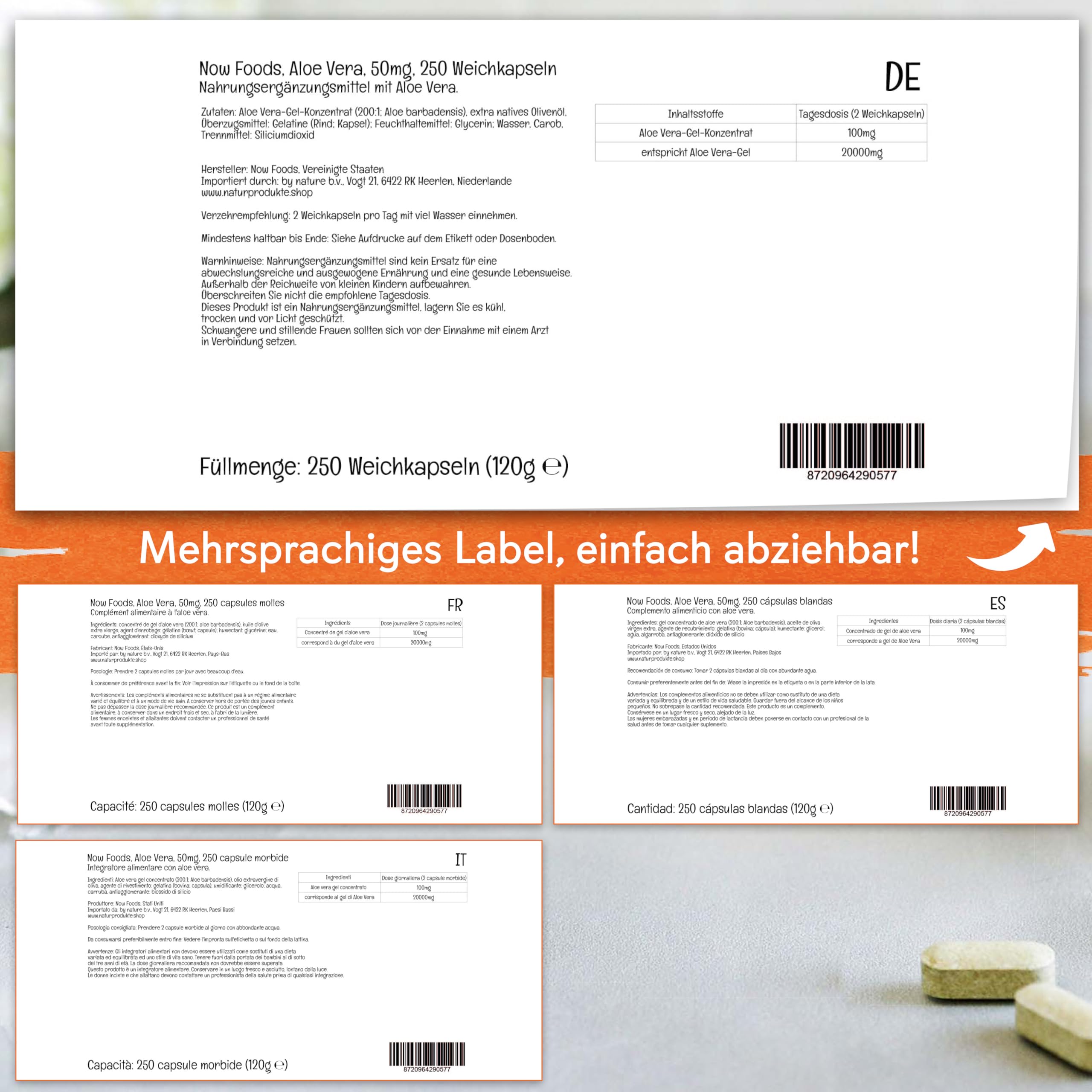 Now Foods, Aloe Vera Gels, hochkonzentriert, 250 Weichkapseln, Laborgeprüft, Glutenfrei, Sojafrei