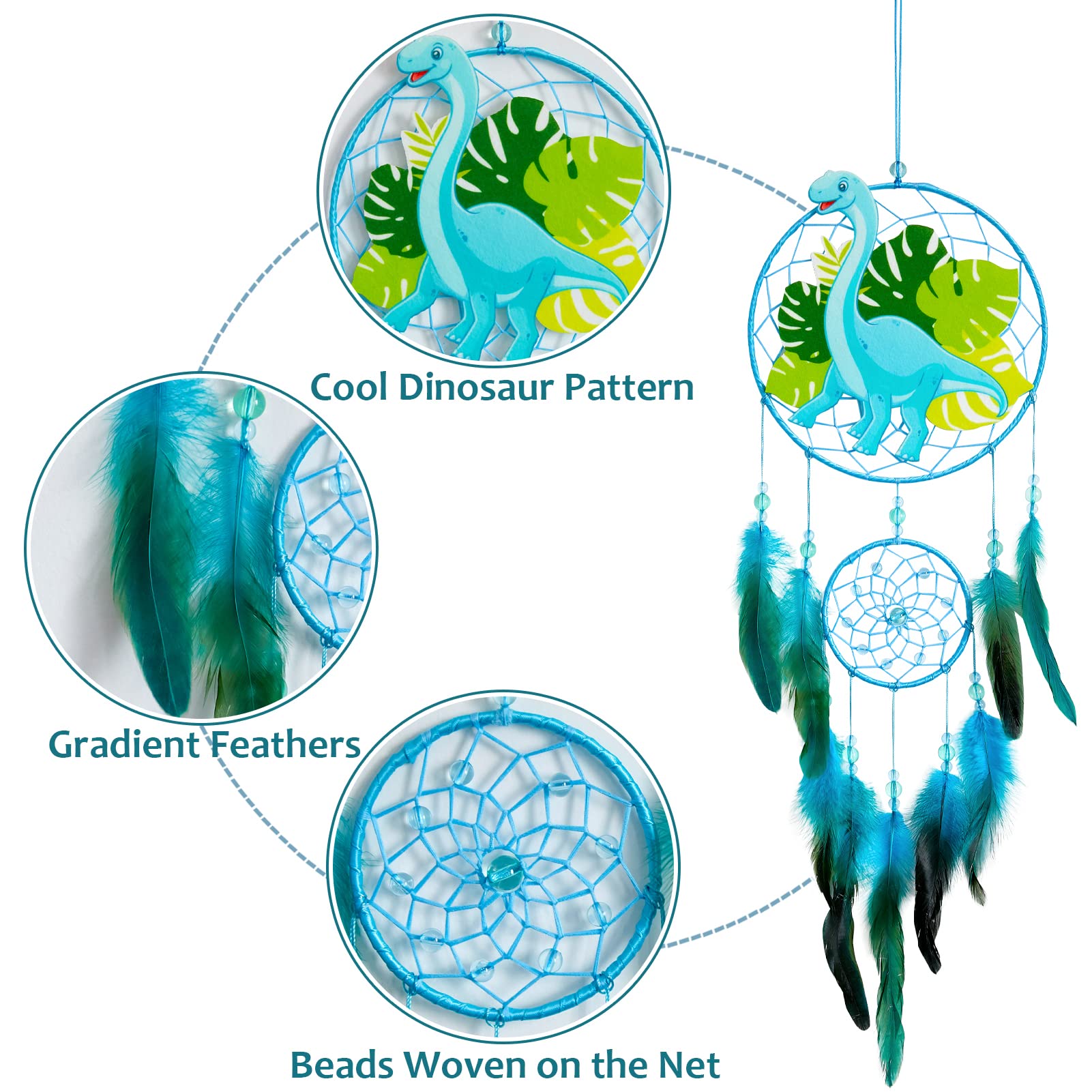Basumee Dream Catcher for Kids Feather Dream Catchers Handmade Home Decor Wall Hanging with Double Ring for Nursery Bedroom Boys Room, Light Blue Dinosaur