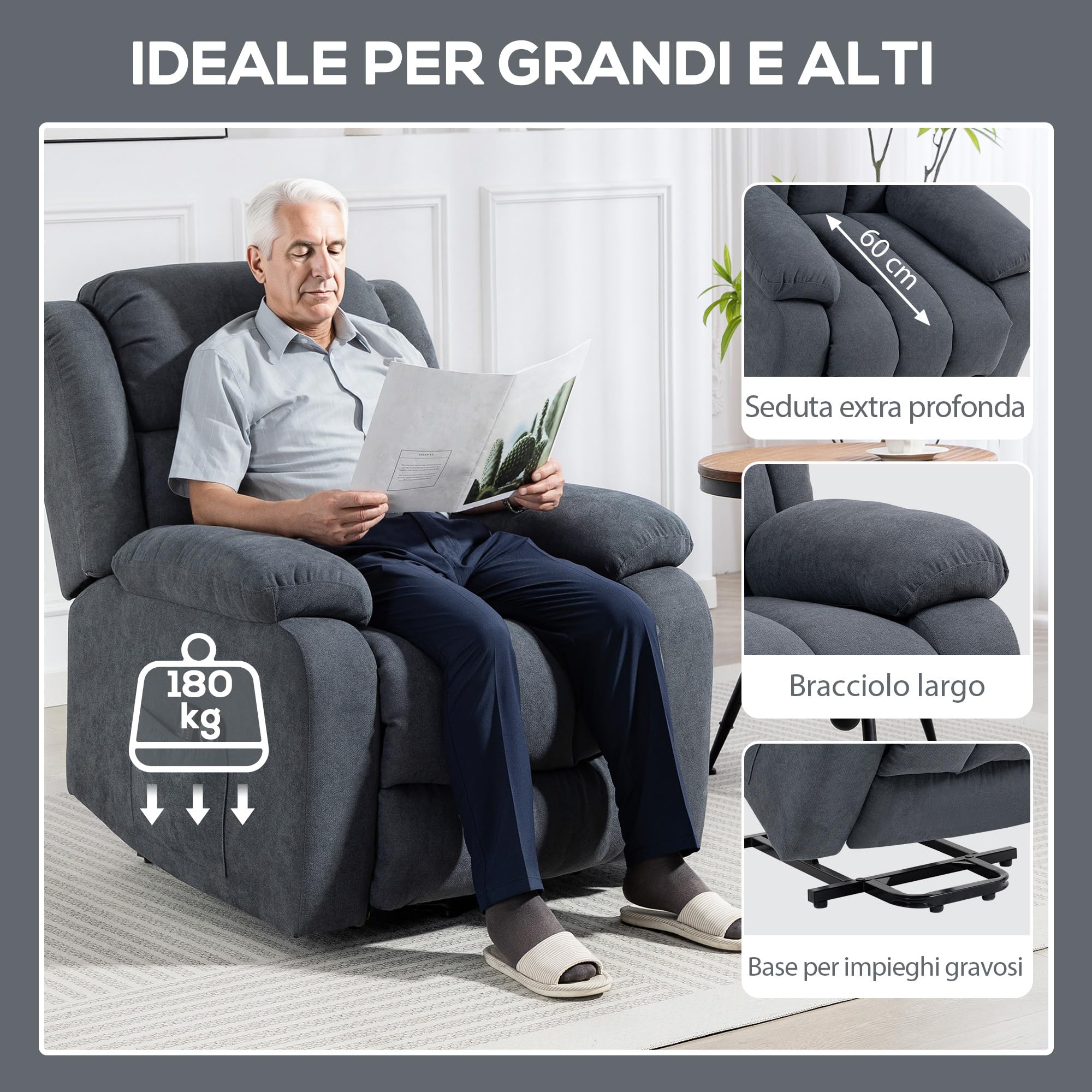 HOMCOM Poltrona Elettrica Alzapersona Reclinabile 135°, Poltrona Relax Massaggiante 8 Punti in Tessuto Effetto Lino Traspirante per Anziani con Telecomando, Poggiapiedi, Tasca Laterale, Grigio Scuro