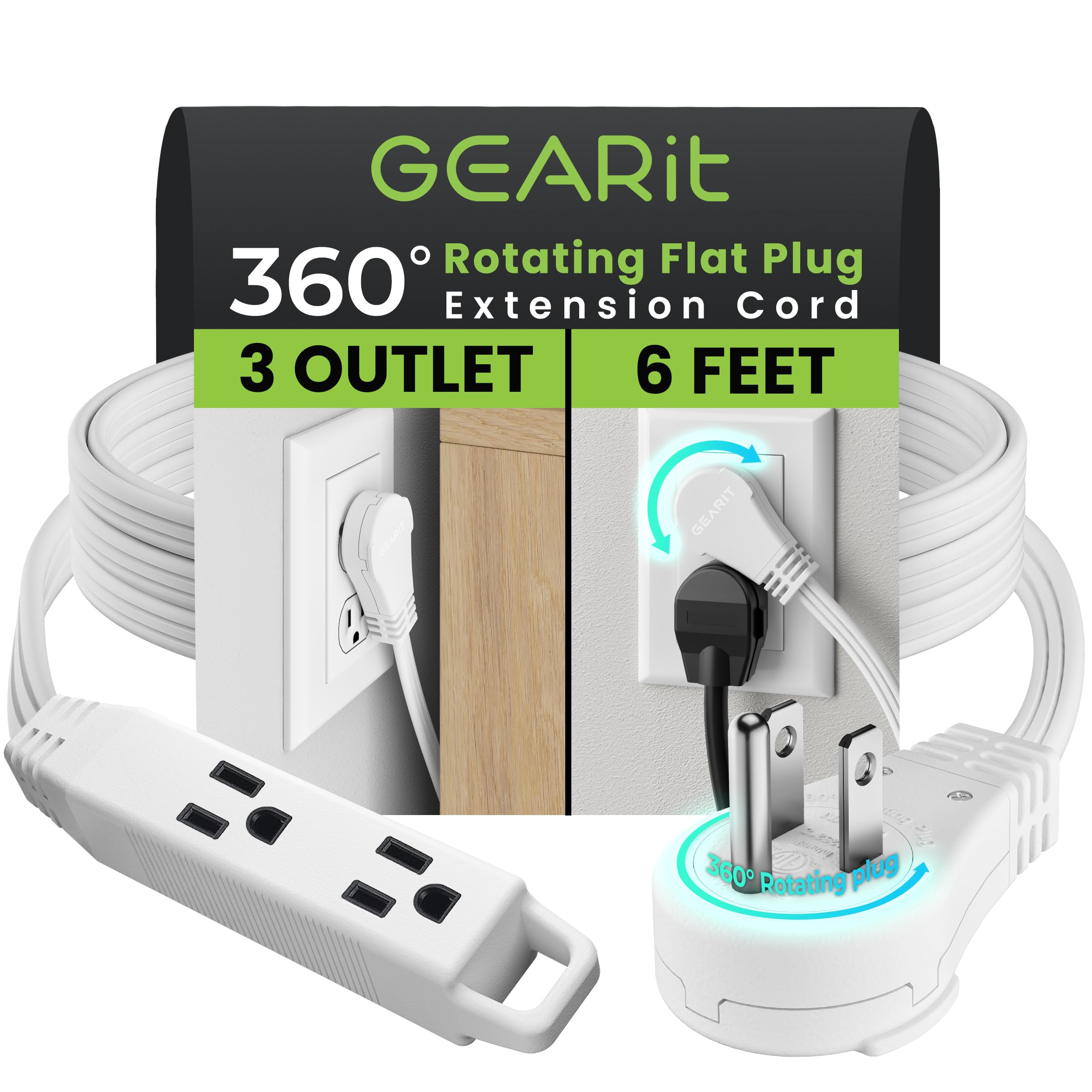 Amazon.com: GEARit 360 Rotating Flat Plug Extension Cord (6ft, White ...