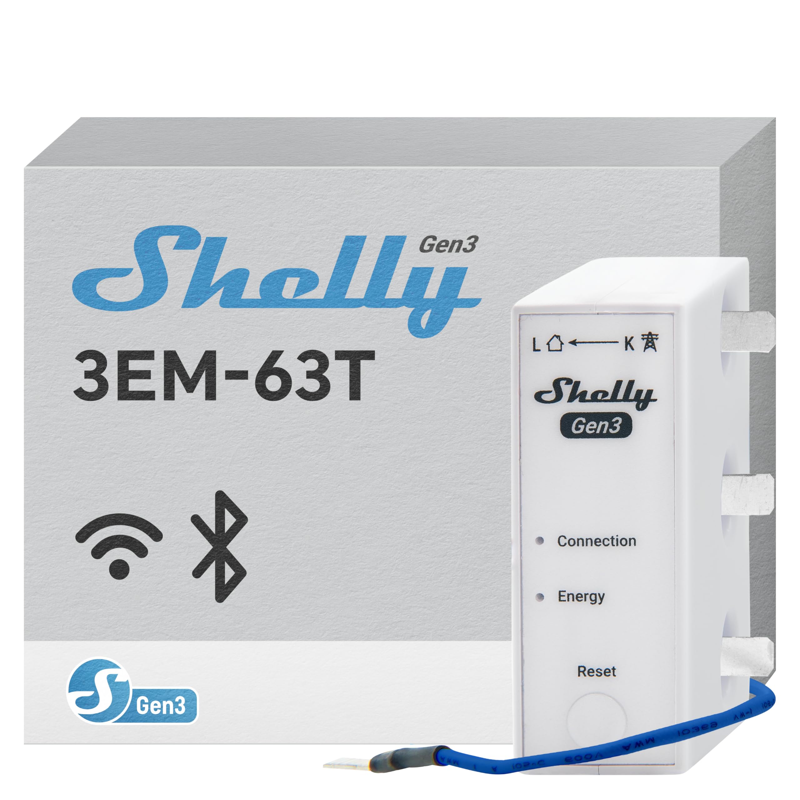 Shelly Shelly 3EM-63T Gen3- WiFi & Bluetooth, Monitoreo de Energía, Medición de Corriente Sin Contacto, Compatible con Fotovoltaicos, Instalaciones Trifásicas o Monofásicas, Reloj en Tiempo Real, iOS