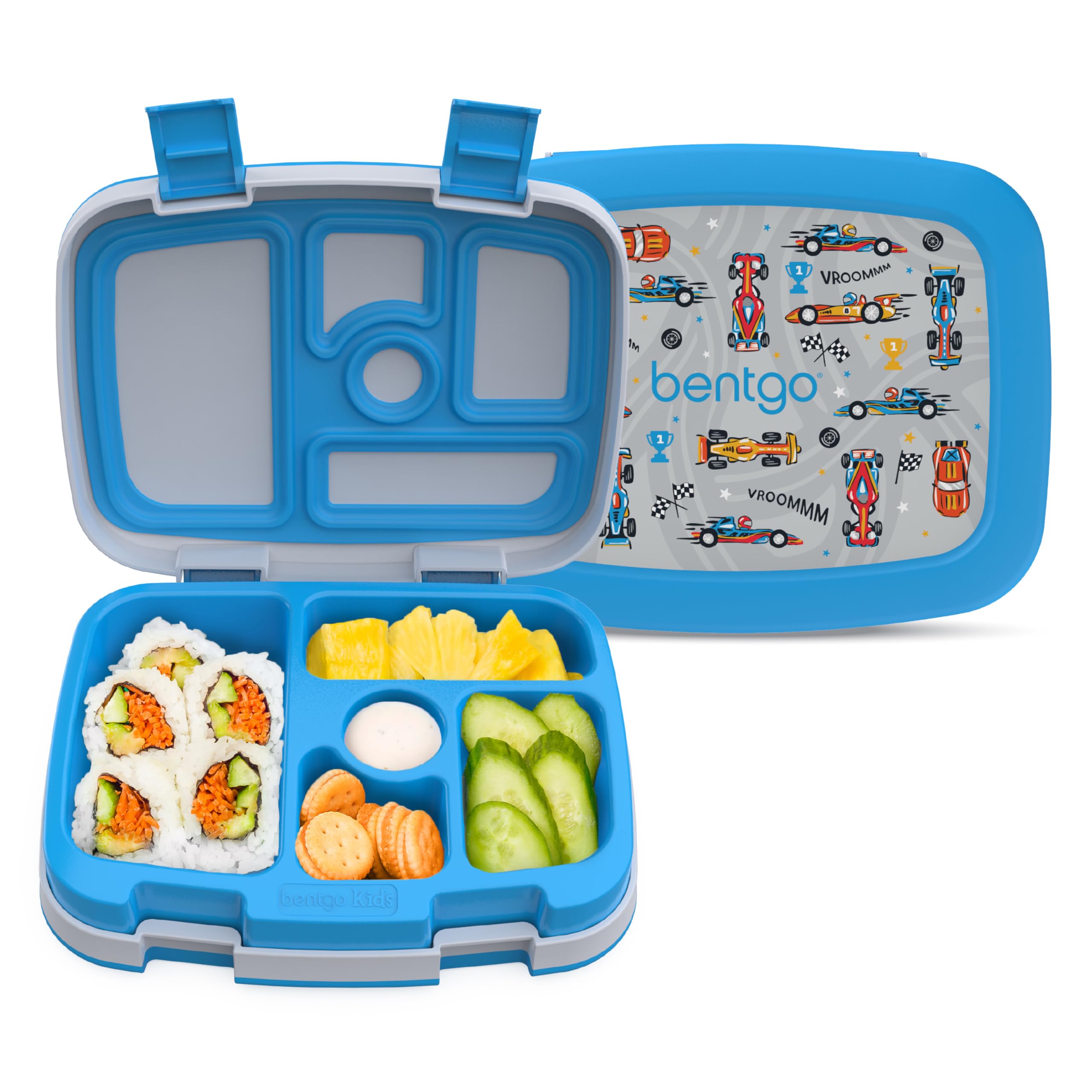 Bentgo Kids Prints Leak-Proof, 5-Compartment Bento-Style Kids Lunch Box - Ideal Portion Sizes for Ages 3-7, Durable, Drop-Proof, Dishwasher Safe, PFAS- &amp; BPA-Free Materials (NEW Race Cars)